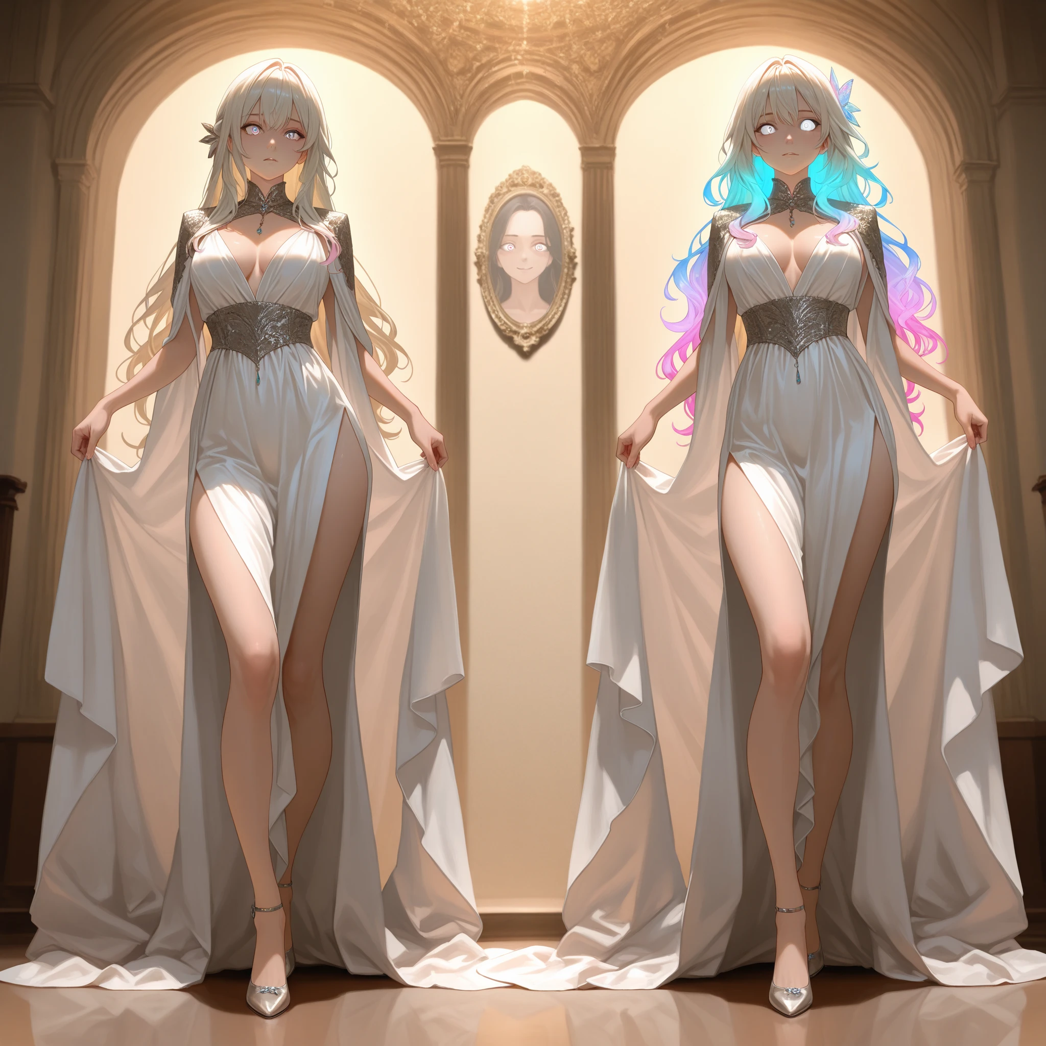 ((masterpiece, best quality)), Delicate face，Snake Woman，whole body，Perfect body proportions，Long legs，((Long wavy hair)), ((Half of her hair is white，The other half is cyan，Available in two colors))，beautiful eyes，Fantasy style，White background，transparent，Sexy Lingerie，Lace，