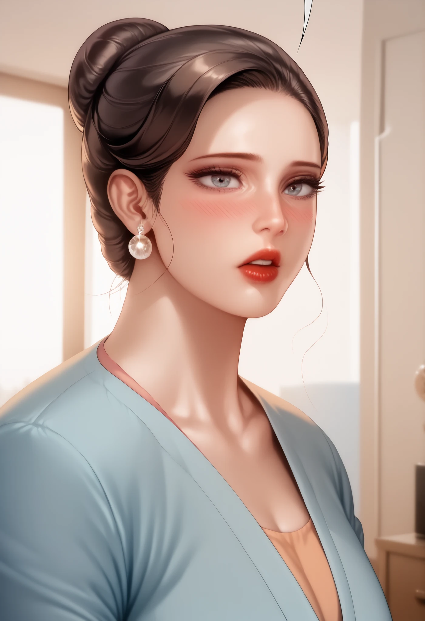 masterpiece,best quality,highly detailed,(photo realistic, hyperrealistic),mrs_ahn, 1girl, natural lips, single hair bun,waring indian saree, hotel room,posing,blush, morning face,full body show, wear, sexy underswear, tongue, full body view,