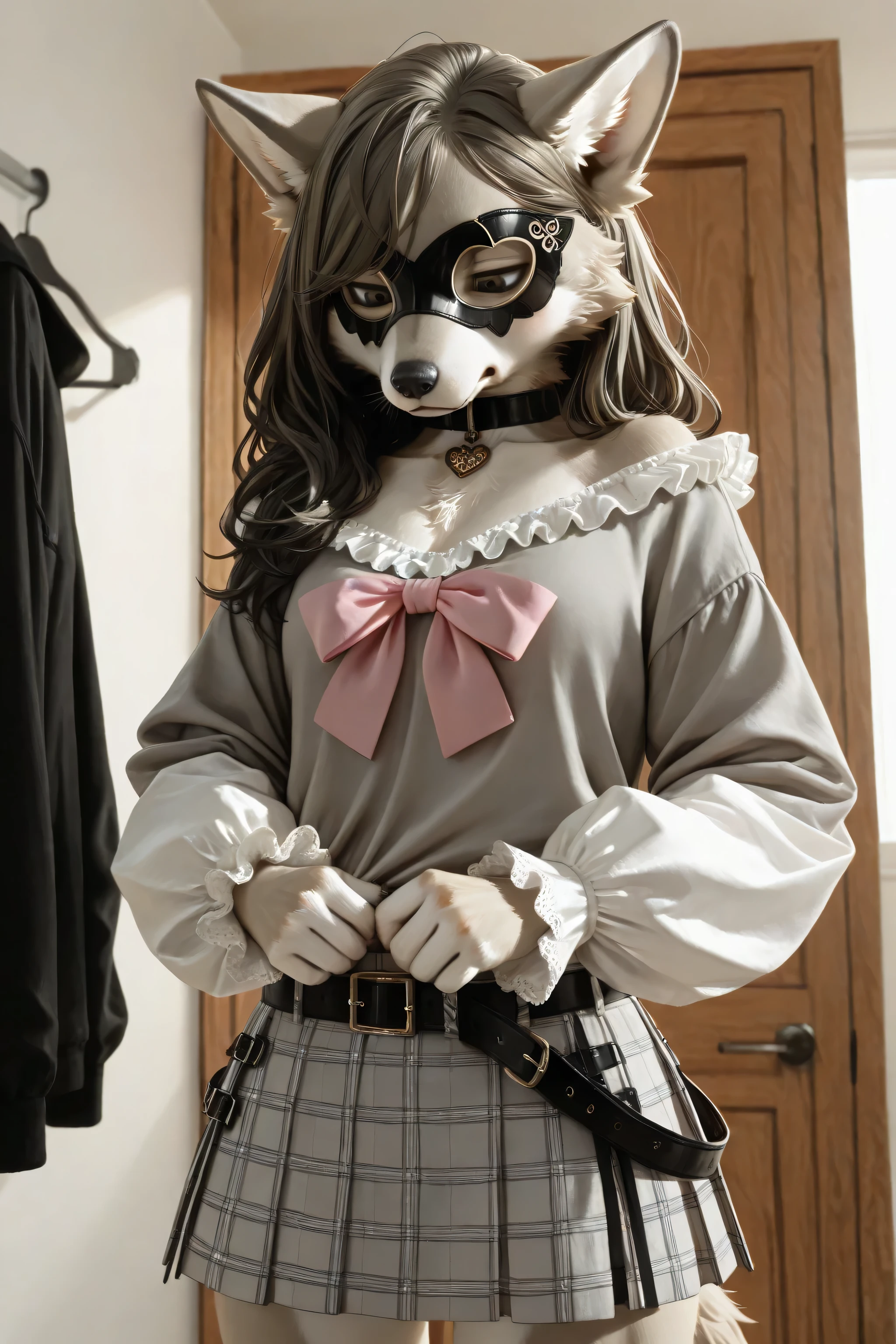 Sexy Masquerade Mask, Furry young wolf male ,short frilled gray shirt,bulge, short hot temptation short skirt, looking at down, eyes down, softly long sleeves,pink bow,solo, clothes room with deep image rendering ,feels uncomfortable with feminine clothes , little grouchy, upset, stylish outfits,clothes details, furry young wolf wearing feminine clothes, realistic clothes textures, Wrinkles on clothes and outfits, cheeks detailing, eyes deep detailing, shoulders detailing, realistic colors, closet, many clothes in background , closet details, clothes textures details, stylish outfits, crossdressing ideas fashionable ,beautiful hair, temptations clothes, hanging clothes, furry male, realistic hair textures, realistic outfits and clothes textures, handsome,bulge detailing, elegant outfits, elegant Furry young wolf, fine design outfit,male face features Furry very clearly , soft clothes, self-confidence, goth belt, fancy clothes, fancy fashion, chains on the outfits, girly accessories, blue and gray outfit, male waist, long hair, long belt,examining him own outfits, gorgeous design outfit, focus on eyes details, improve eyes quality details, embarrassing behaviors, Victorian females clothes, furry fingers detailing, It looks very focused appearance, wearing outfit pose, very realistic outfits and clothes textures, very realistic hair textures, He arranges his clothes,He seems to be buttoning up his clothes,focusing on the position of buttoning up clothes, loose belt, Feeling ashamed of his clothes, dissatisfied, forced to wear, very tasteful feminine clothes, suffering appearance, Artificial female breast, sexual disguise, lovely, manly hormones, bulge appearance, super hot,Forced to appear feminine, Physical behaviors that indicate discomfort, perfection, bulge detailing, strong and rough hands, endless elegance, he taking attention for him own outfits, feminine coat, feminine collar, naked shoulder with temptations