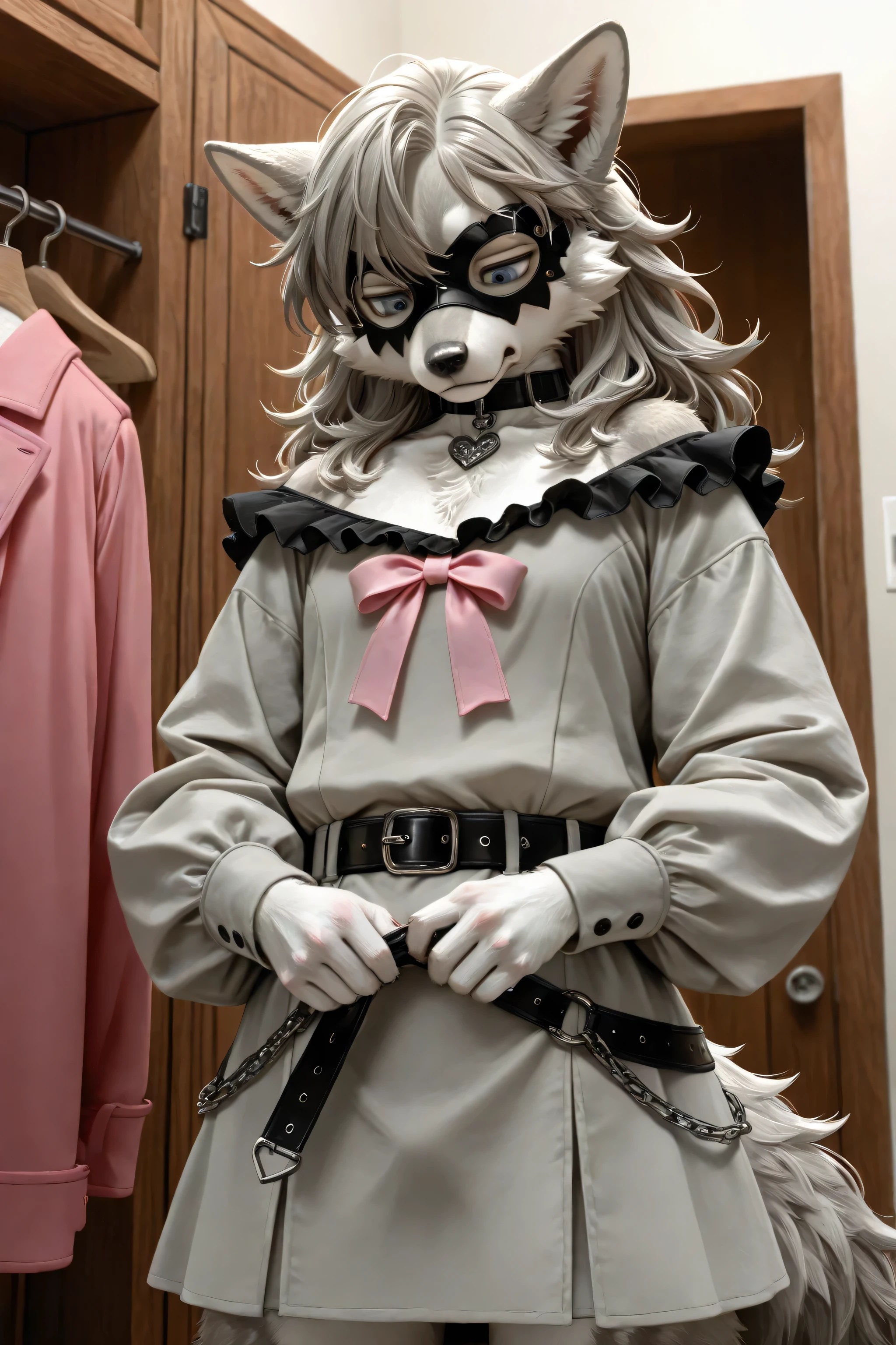 Sexy Masquerade Mask, Furry young wolf male ,short frilled gray shirt,bulge, short hot temptation short skirt, looking at down, eyes down, softly long sleeves,pink bow,solo, clothes room with deep image rendering ,feels uncomfortable with feminine clothes , little grouchy, upset, stylish outfits,clothes details, furry young wolf wearing feminine clothes, realistic clothes textures, Wrinkles on clothes and outfits, cheeks detailing, eyes deep detailing, shoulders detailing, realistic colors, closet, many clothes in background , closet details, clothes textures details, stylish outfits, crossdressing ideas fashionable ,beautiful hair, temptations clothes, hanging clothes, furry male, realistic hair textures, realistic outfits and clothes textures, handsome,bulge detailing, elegant outfits, elegant Furry young wolf, fine design outfit,male face features Furry very clearly , soft clothes, self-confidence, goth belt, fancy clothes, fancy fashion, chains on the outfits, girly accessories, blue and gray outfit, male waist, long hair, long belt,examining him own outfits, gorgeous design outfit, focus on eyes details, improve eyes quality details, embarrassing behaviors, Victorian females clothes, furry fingers detailing, It looks very focused appearance, wearing outfit pose, very realistic outfits and clothes textures, very realistic hair textures, He arranges his clothes,He seems to be buttoning up his clothes,focusing on the position of buttoning up clothes, loose belt, Feeling ashamed of his clothes, dissatisfied, forced to wear, very tasteful feminine clothes, suffering appearance, Artificial female breast, sexual disguise, lovely, manly hormones, bulge appearance, super hot,Forced to appear feminine, Physical behaviors that indicate discomfort, perfection, bulge detailing, strong and rough hands, endless elegance, he taking attention for him own outfits, feminine coat, feminine collar, naked shoulder with temptations