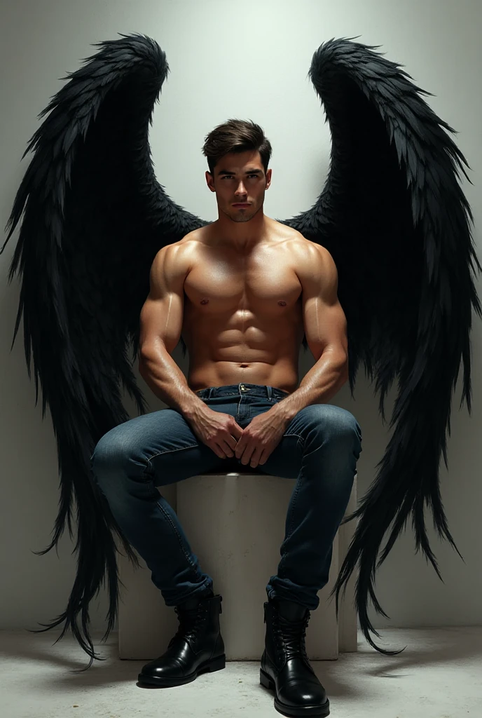 Photo-realistic, ((best quality)), ((masterpiece)), (detailed), short wavy hair, perfect face, the devil, masculine portrait of the devil, personification of The Devil, (evil look), super pale skin, massive huge majestic black angel wings, black wings, angel wings, amazing wings, 2 wings, 18-year-old, super male model, handsome, tall, cute looking, evil look, dark look powerful, young male model, handsome mythical creature, super strong, muscular, fit, massive muscles, six pack, clean shave, blue eyes, white skin, pale skin, super pale skin, white pale skin, albino skin, wavy messy brown hair, short messy hair, messy wavy hair, (:1.5), -chested, muscle, ripped, strong body, fit body, , fully , , , , 1 perfect , 1 amazing , 1 nice , 1 beautiful , 1 amazing , 1 good , 1 male , perfect gland, nice gland, amazing gland, perfect , amazing , nice , great , male , male , male structure,, Dark background 8k, high detailed, ultra-detailed, Stylish Pose, mist, fog, mysterious, (Dark background:1.6), (dark cinematic:1.5), (backlight) (ruins Gothic cathedral:1.2), ruins, , low flooded
