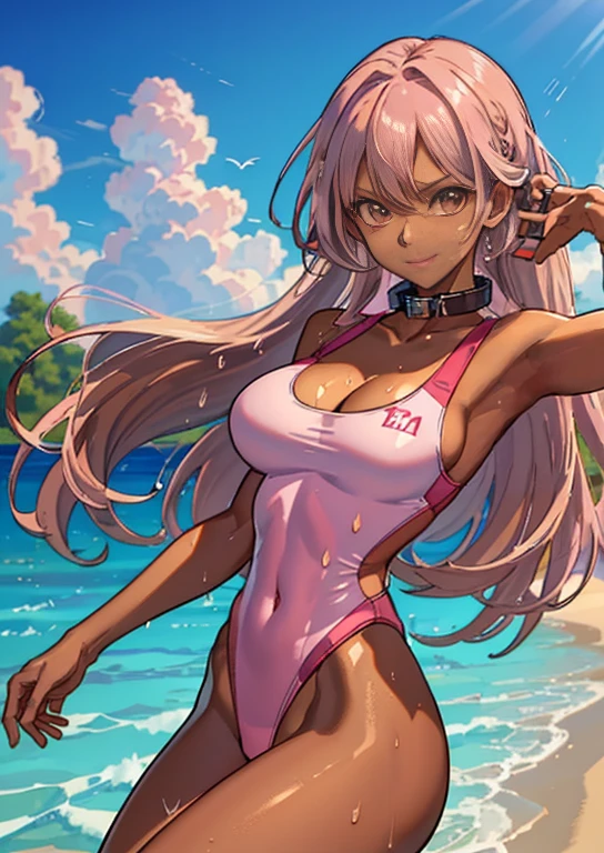 comely, (work of art:1.2), (best qualityer:1.2), perfects eyes, face perfect, perfect lighting, 1 girl, sexy beach girl, Tiny ,  huge, platinum blonde hair with cyan tips, comelys olhos roxos, super detailed face, horns on head, thick lips, leaning over