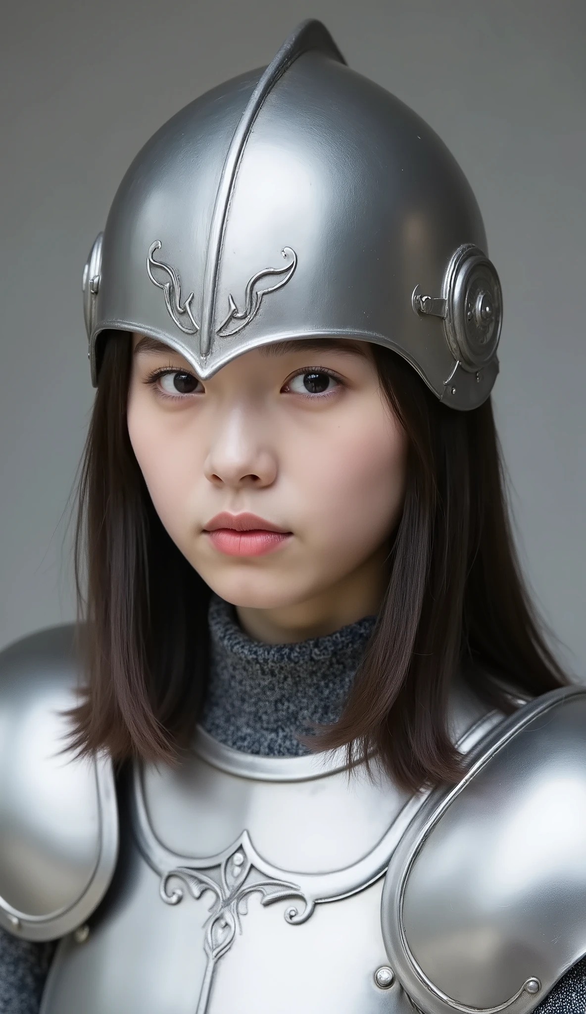 neat young woman wearing luxurious silver armor、、female knight、wears a helmet on his head、full-face helmets、、、looking at camera、looking directly in front、、、face close-up、grey background、

