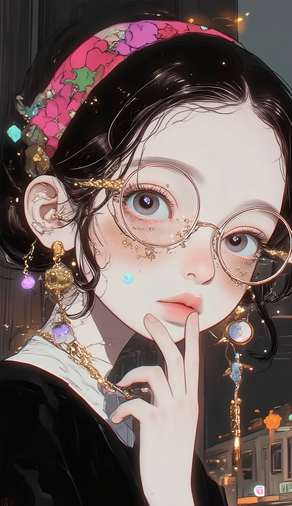 ((a close up of a woman. An elegant and delicate cartoon that slightly exaggerates the hyperrealistic features :1.52, Make it delicate and sensual  :1.5,   accentuating features such as a fleshy and thick mouth  ,   slightly larger eyes made up with bright and colorful glitter  ,   and very long eyelashes with glitter at the tips  , rosy cheeks:1.51, Beautiful face of a cyberpunk girl, great Digital Art with details, slightly biting her lower lip, sensually,  She wears glasses you can see the reflection in the glasses of the glasses :1.5)), arte digital.  masterpiece , Detailed woman,   full lips in the style of Angelina Jolie  ,  Long false eyelashes ,  eye makeup, blushed lips and cheeks ,  wears earrings all over her ear like piercings and has a ring embedded in the ovum of her ear, a piercing on the lips and nose  ,  Hyperrealistic art style , Brandon Woelfel, Of the tattooed face, tattoos and piercings, realistic digital art 4k ,  realistic digital art 4k , tattoo style, Art Cyberpunk style, Girl with glasses , claroscuro, cinematic lighting, Optical illusion, HD, UHD,  retina, masterpiece, Precise, anatomically correct, Textured skin, super detail, Tall details, High quality,  Awarded , mejor calidad, high resolution, 1080P, HD, 1