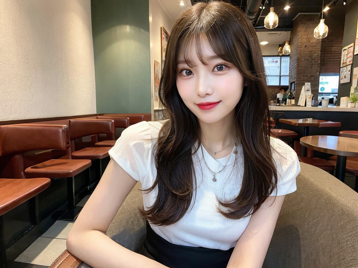 A person's point of view, (On a table:1.3), A high resolution, ultra - detailed, extremely detaild的 CG unified 8k wallpapers, actual, 真实感, RAW photos, beautiful  detailed face, pale-skinned, Realistic shiny skin, Fabric texture is delicate, Detailed hair texture, perfect body figure, Nice face, Acura, Anatomically correct, Highly Detailed Face and Skin Textur, natural neck length, (beautiful hand), (Fair skin:1.2), lean legs, thin feet, off and on, 詳細な目, symetric eye, light brown eyes, 二重まぶた, tthin eyebrows, (glossy lips:1.4), ((Smiling softly:1.2)), (The face is red:1.1), off and on, (Elegant and cute girl:1.3), (wear elegant clothes (light violet) button- shirt:1.2), ((navy) Long skirt with irregular hem:1.2), Close button, (long  skirt), mediuml , (long slim figure:1.1), Tighten abs, Beautifulcollarbone, (Dark blonde hair, curlies, Long gray hair:1.2), ((asymmetricalbangs:1.2)), off and on, (Gently stretch out a hand downwards:1.2), ((In a modern office in China)), (cow boy shooting:1.2)，looking at viewert，frontage