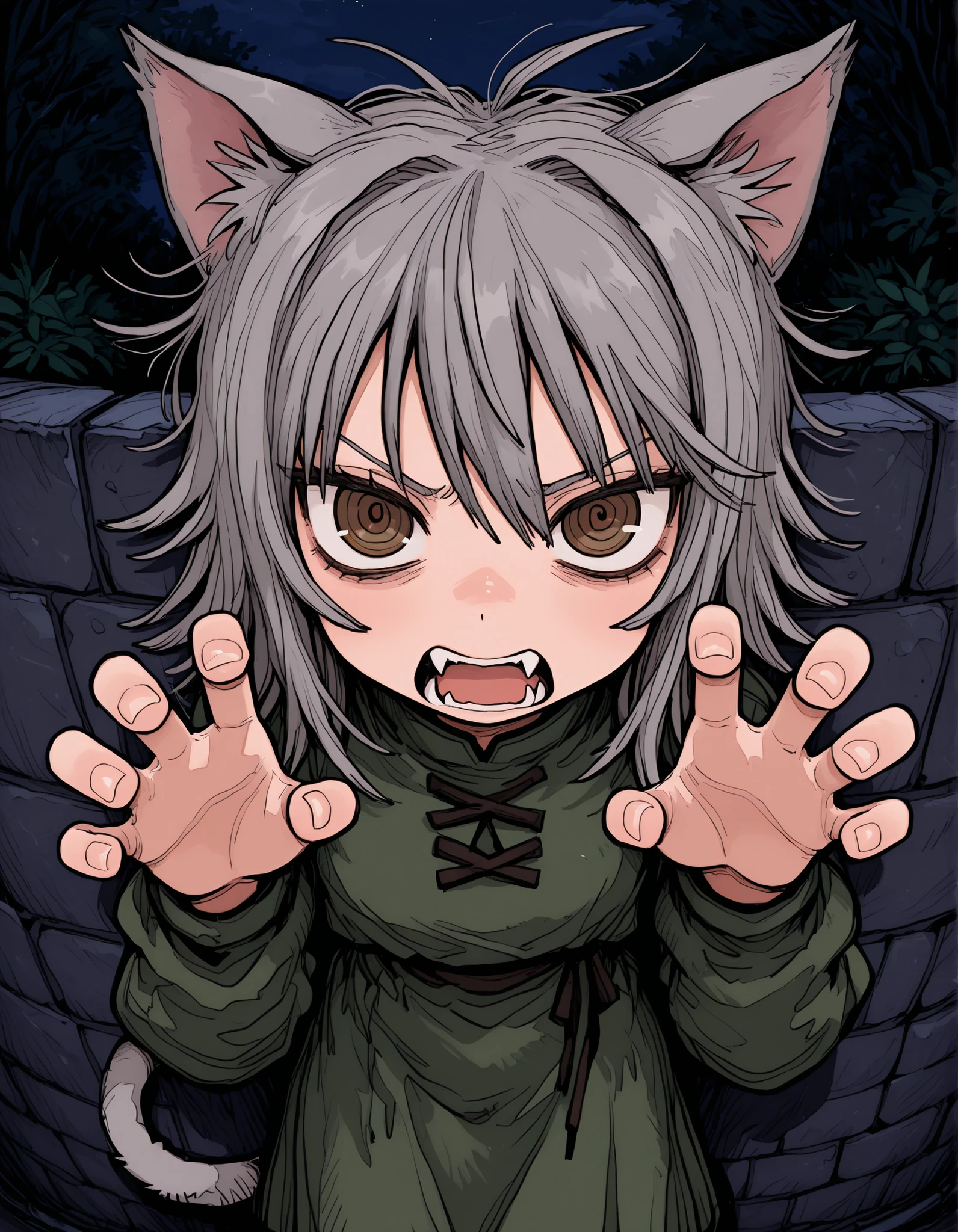 deppa, jaggy lines, hatching (texture), ringed eyes, cartoon,, 1girl, petite, (skinny and frail:0.7), cat girl, against wall, stone wall, brown eyes,looking at viewer, grey hair, medium hair, messy hair, angry, (scared:0.4), (open mouth:0.5), fangs, hands up, (tearing up:0.5), tail raised, torn clothes, straight-on, dark, night, outdoors, masterpiece,best quality, amazing quality,