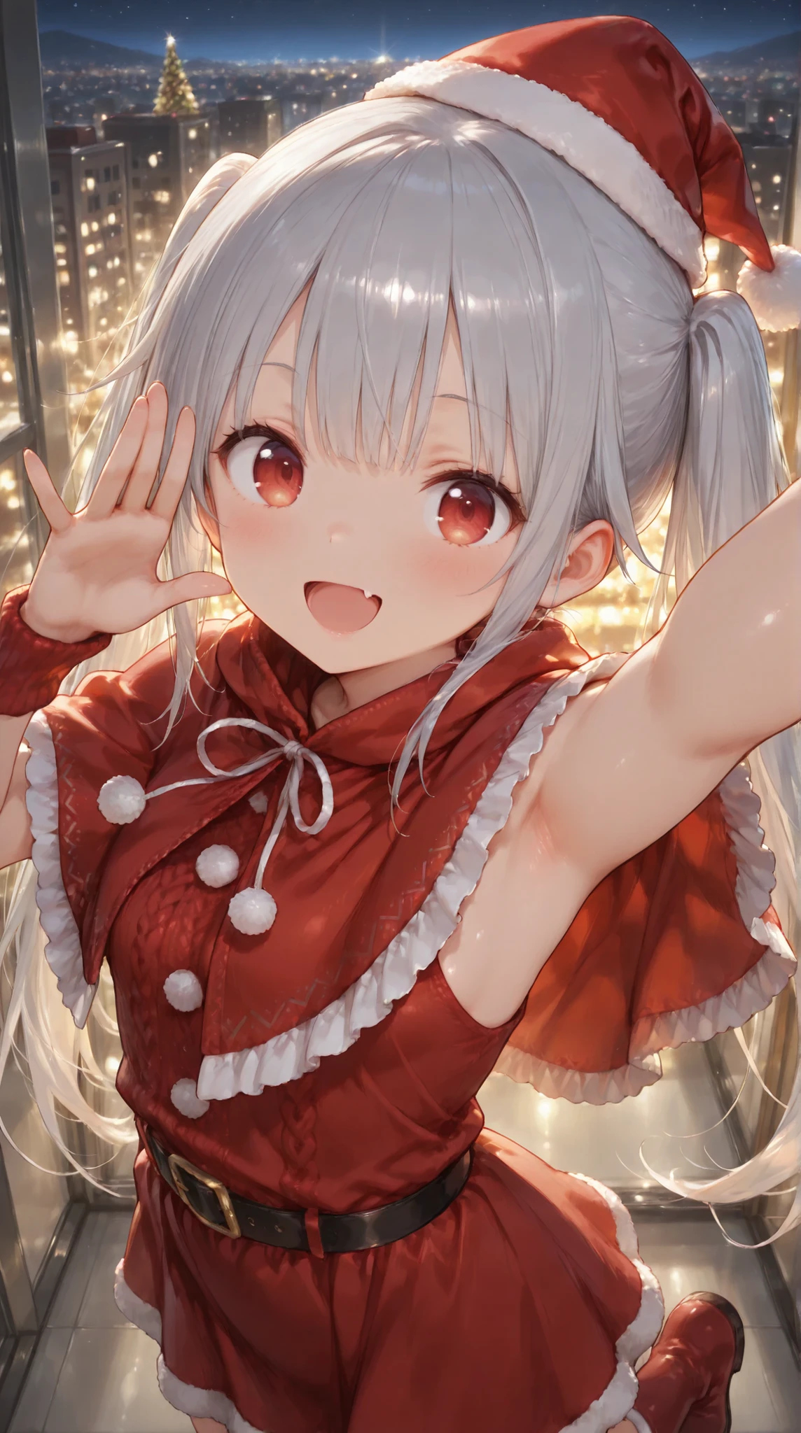 foreshortening,Shiny skin, Babe, character, chiya.
masterpiece, best quality, ultra detailed, high resolution, 8k, caustics,
super detailed skin perfect anatomy, dynamic lighting,
elaborate eye depiction, beautiful detailed eyes,
a cute anime girl.
# body.
142cm tall, skinny, slim waist, small breasts.
armpit visible.
# hair.
silver hair, very long twin tails, (silver to black tips hair:1.3),
mini Santa hat accessory placed on head.
# eyes.
red eyes, extra large eyes, looking at viewer.
# expression.
cheerful expression, joyful smile, open mouth smile, single visible fang.
# outfit.
(dominant red christmas poncho:1.4), (fully enclosed capelet wrapping around upper body:1.5), (sleeveless red knit Santa dress:1.3),
thick fluffy white fur trimming all edges, soft fluffy winter texture,
cape spreads outward dynamically,
black waist belt with gold buckle cinched over the poncho,
subtle gold and green accent ornaments on cape,
red long boots with white fur trim,
# pose.
jumping in the air,
(one hand raised high:1.3), dynamic pose.
# background.
night snowy landscape,
distant warm city lights visible,
gentle falling snow.
# composition.
from above,
upper knee view, cinematic angle.
fine line art, delicate line drawing, thin outlines, clean outlines, minimal noise.