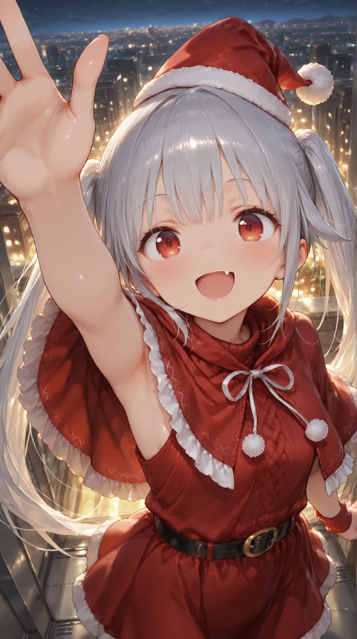foreshortening,Shiny skin, Babe, character, chiya.
masterpiece, best quality, ultra detailed, high resolution, 8k, caustics,
super detailed skin perfect anatomy, dynamic lighting,
elaborate eye depiction, beautiful detailed eyes,
a cute anime girl.
# body.
142cm tall, skinny, slim waist, small breasts.
armpit visible.
# hair.
silver hair, very long twin tails, (silver to black tips hair:1.3),
mini Santa hat accessory placed on head.
# eyes.
red eyes, extra large eyes, looking at viewer.
# expression.
cheerful expression, joyful smile, open mouth smile, single visible fang.
# outfit.
(dominant red christmas poncho:1.4), (fully enclosed capelet wrapping around upper body:1.5), (sleeveless red knit Santa dress:1.3),
thick fluffy white fur trimming all edges, soft fluffy winter texture,
cape spreads outward dynamically,
black waist belt with gold buckle cinched over the poncho,
subtle gold and green accent ornaments on cape,
red long boots with white fur trim,
# pose.
jumping in the air,
(one hand raised high:1.3), dynamic pose.
# background.
night snowy landscape,
distant warm city lights visible,
gentle falling snow.
# composition.
from above,
upper knee view, cinematic angle.
fine line art, delicate line drawing, thin outlines, clean outlines, minimal noise.
