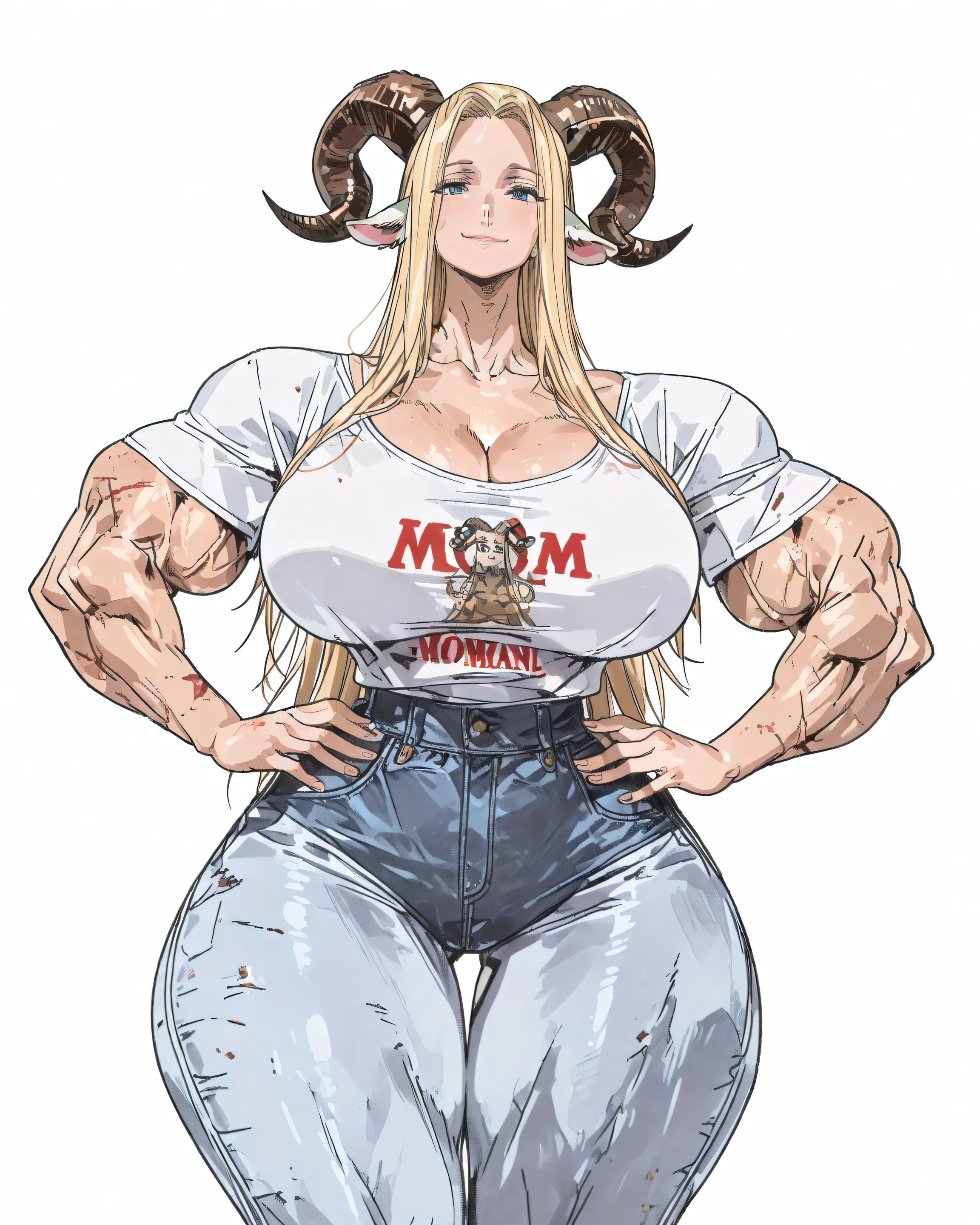 ((beautiful woman)), barbarian woman, light skin, blue eyes, beautiful face, muscular, wide shoulders, bursting breast, goat horns, no background, front view, battle scars, massive breast, bursting breast, athletic build, heavily muscular, brutal, beautiful, big, ((completely frontal view)), muscular arms, Long straight hair, ((light blonde hair)), forehead, ((cleavage)), massive breast, sexy, tender smile, fat, wide woman, sexy woman, hair with volume, beautiful face, blue eyes, ((voluminous hair)), ((portrait)), detailed face, face focus, ((full frontal view)), ((looking at viewer)), wide neck, wide hips, ((fat and muscular thighs)), bare hands, ((tall)), tall woman, ((thigh gap)), warm smile, ((exaggerated proportions)), ((confident posture)), ((goat ears)), ((mom jeans)), ((white t-shirt)), hands on hips, casual outfit, relaxed look, 80s outfit, retro style outfit, white background, ((very wide thighs)), ((wide hips)), ((mature woman)), ((muscular thighs))