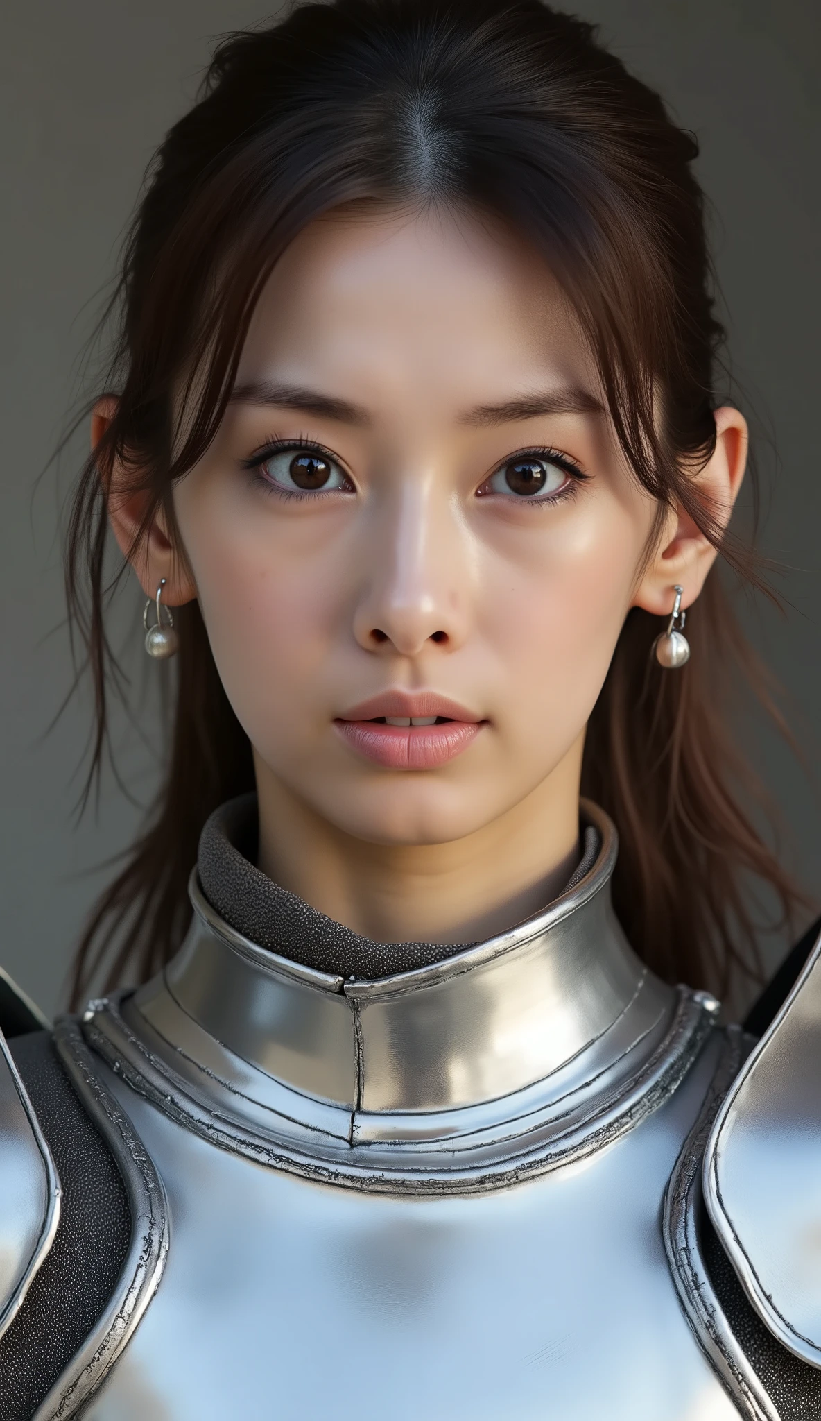 neat young woman wearing luxurious silver armor、、female knight、、、ear piercings、looking at camera、looking directly in front、前髪あり、怒り顔、、口を閉じている、、face close-up、grey background、

