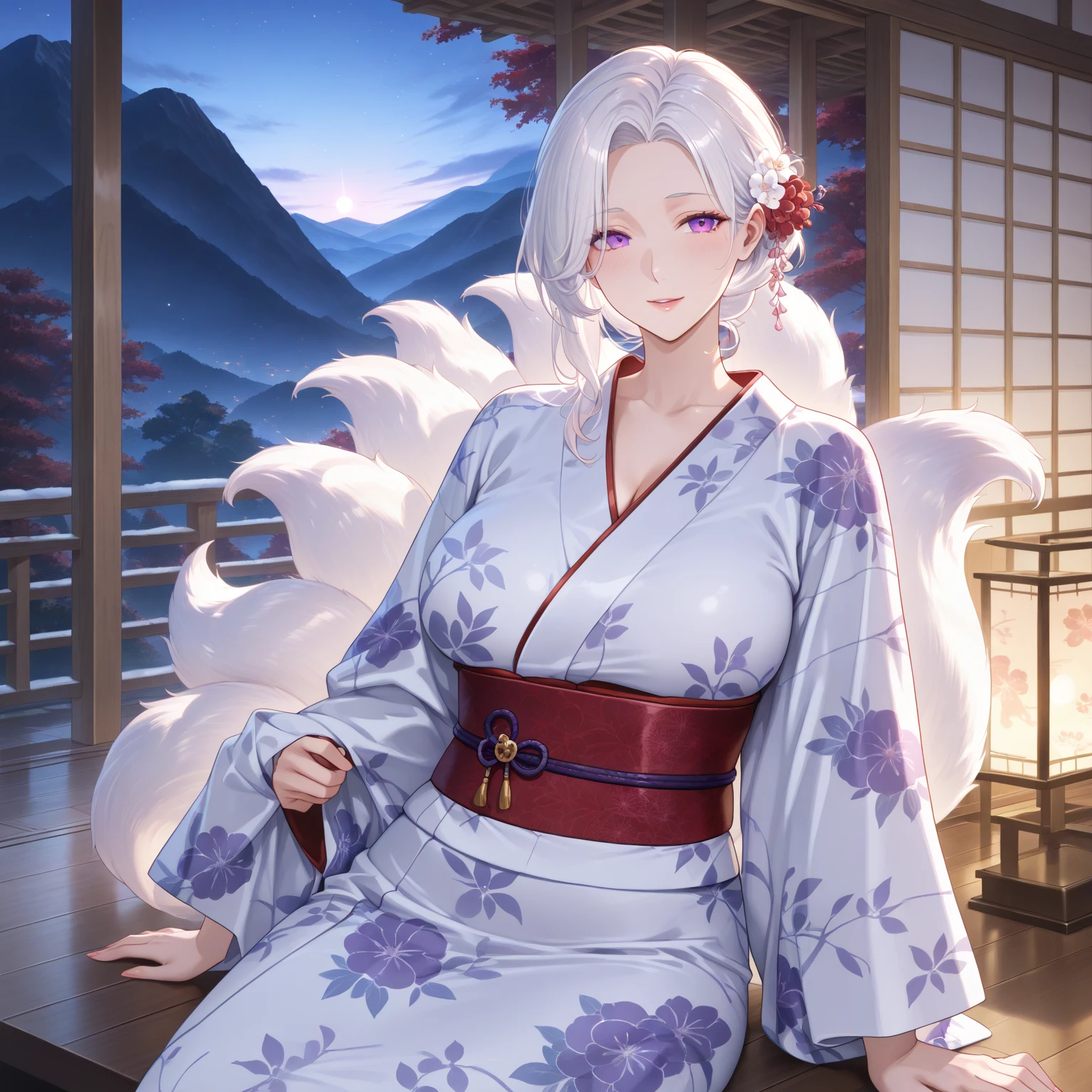 ((One personの女性)), Beautiful Face, (Laughing embarrassedly), (naughty face:1.1),((Wink:1.7)), (head tilt:1.3), upper teeth, Laugh with your mouth wide open, ((full-face blush:1.3)),  ((thigh focus)), Glossy red lips, ((:1.1)), ((showing gold )), ((female :1.4)), ((Shining Face), Touching hair with hands,looking at viewer, Rooftop terrace, firework,Lighting on the face, ((Anime style background)),masterpiece, Highest quality, so beautiful,up to date, Complex details, (Pink long nails),(ring),(bracelet),(Floral choker),AI-generated, Complex,High resolution, Highest quality, super high quality,3D Images、3D Images,One person,Long white hair,High Ponytail, Anime woman posing for a photo,(blue eyes), ((Fine grain、Silvery white eyes、Shining Eyes:1.3)), (Squint your eyes:1.1),a hyperRealistic , hyperRealistic , Realistic,Anime woman with long white hair, Smooth anime CG art, A woman in a colorful kimono with gold embroidery, (Black long sleeve kimono),Red floral pattern,Long flower hair ornament,Earrings,Mature Body,(:1.1),Tall,Abdominal muscles,Tight waist, (face seals:1.1), ((from side and slightly from below)), 
