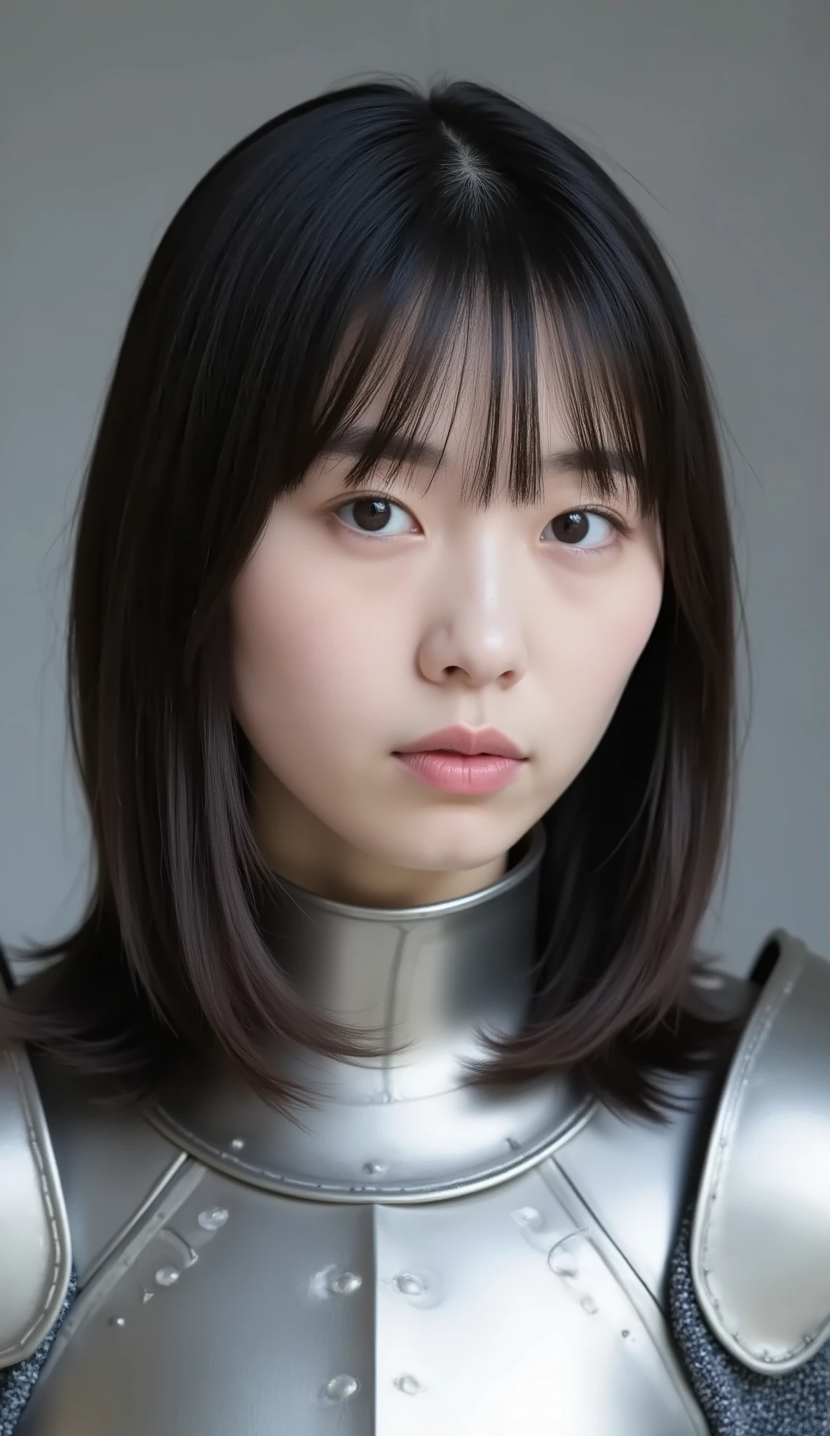 neat young woman wearing luxurious silver armor、、female knight、、、ear piercings、looking at camera、looking directly in front、歯を見せた笑顔、、face close-up、grey background、