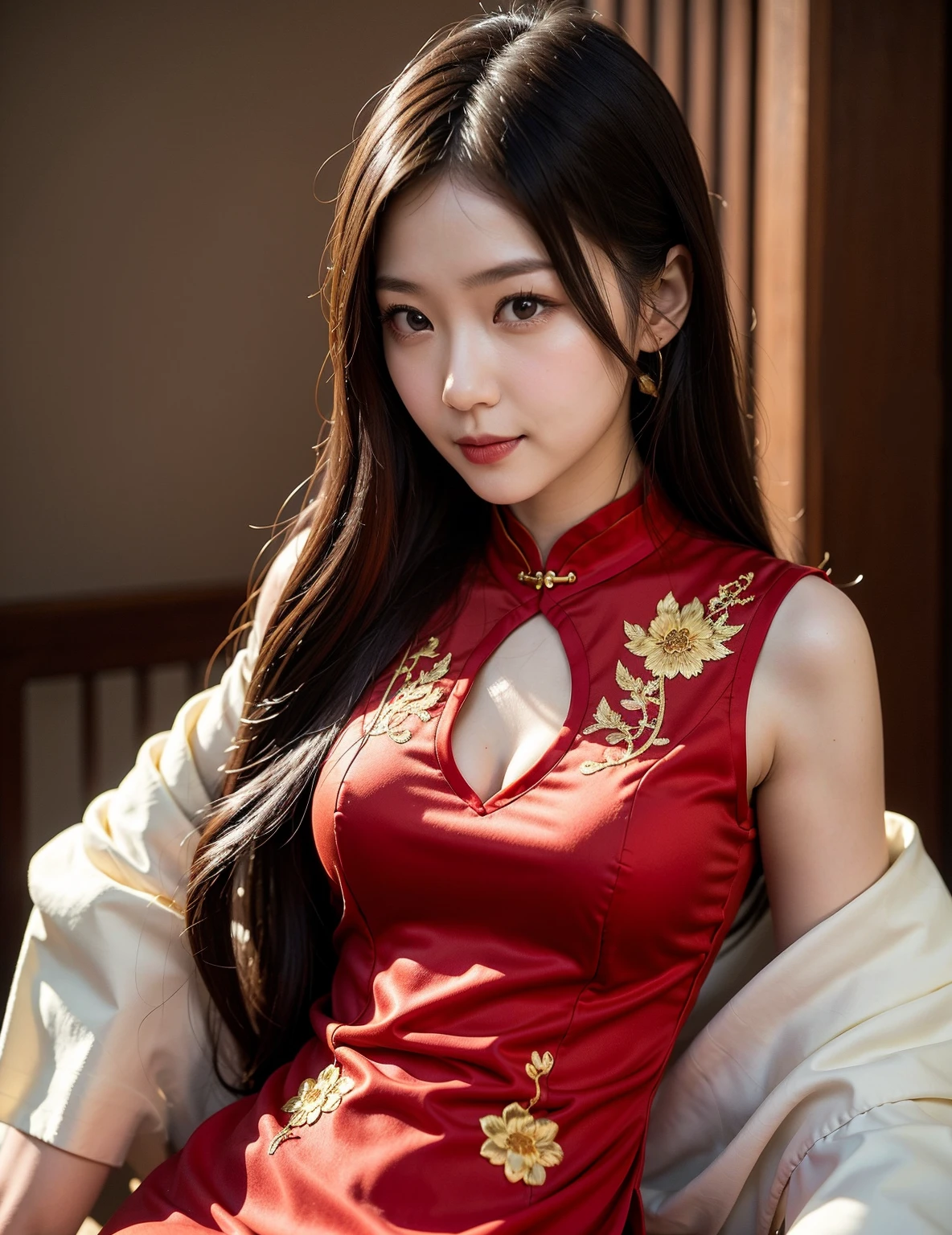 tra-detailed、Japanese、attractive beauty、 adult woman、pretty woman、piercing eyes、cool girl、wavy hair、swept bangs、Long Black Cheongsam、wide sleeves、Evil cadres、evil depravity、brainwash、mind control、lipstick、lip gloss、dark makeup、smirk、whisper in your ear、Evil expression、evil、hollow eyes,half-closed eyes、empty eyes、evil、church at night、vampire、succubus、vampire、Swear allegiance、sexy pose、hair ornaments、