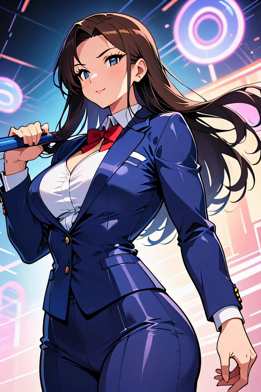 a body builder woman in a tight business suit