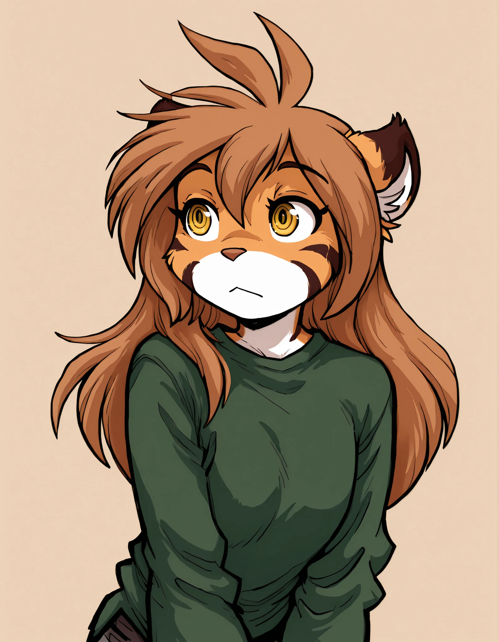 deppa, jaggy lines, hatching (texture), ringed eyes, cartoon,, furry, solo, flora-twokinds, flora_twokinds,, tiger, striped fur, keidran, yellow eyes, anthro, simple background,,, green shirt