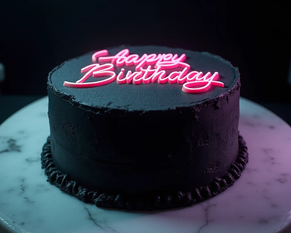 The image is a photograph taken from behind, focusing on a woman with a dark complexion, showcasing her bare back. The central feature is a glowing, neon-like text and image of a cake placed on her back. The word "cake" is written in a playful, cursive font in white, positioned slightly above the cake illustration. The cake illustration features two layers, with white frosting on top and a drizzle of icing cascading down the side.
 <lora:glowing_text_flux:0.8>