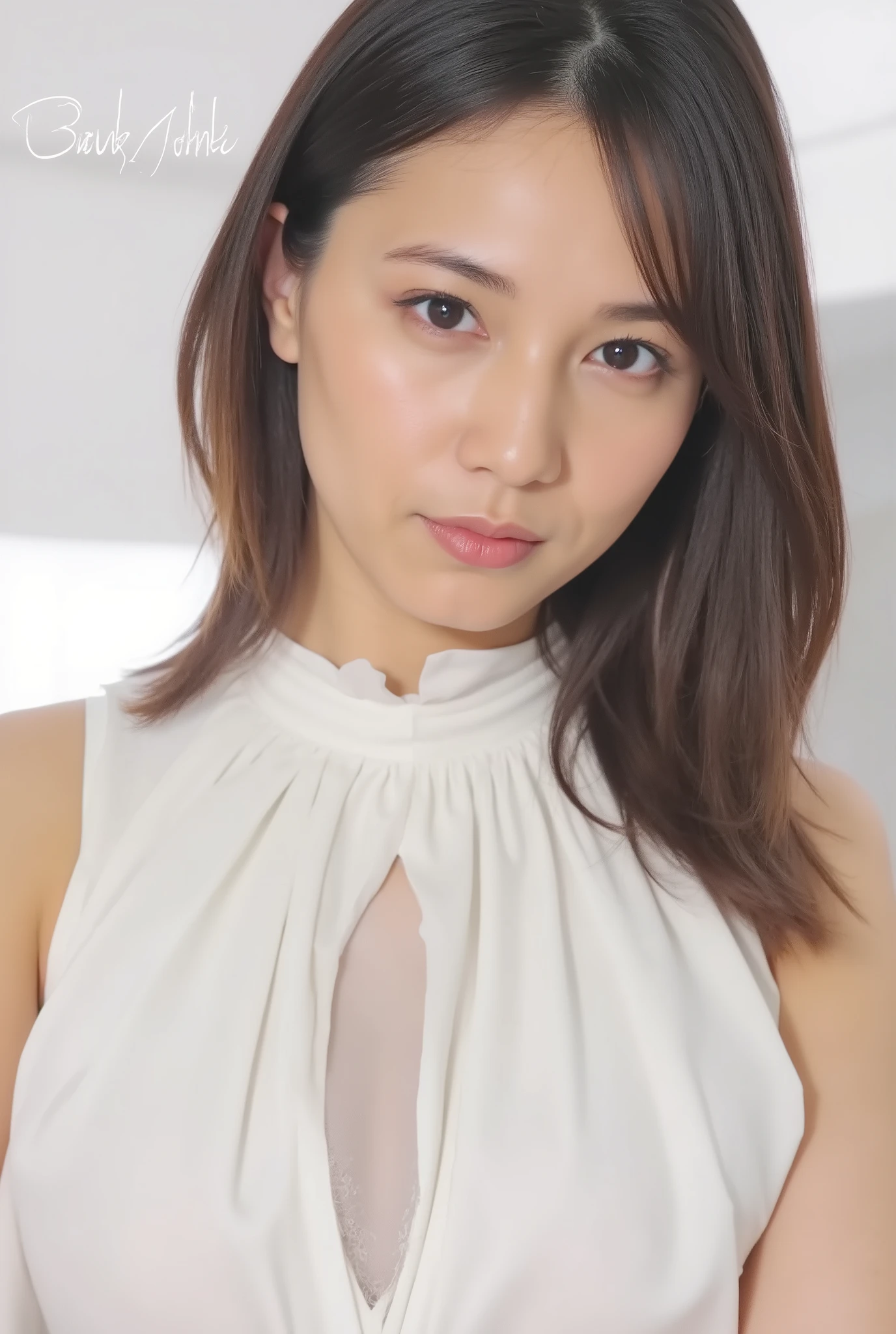 38-year-old woman、looking at camera、Model、top quality、high image quality、big boobs、thin waist、depicts everything from thigh to head、sexy girl、body line、turtleneck sleeveless dress on white