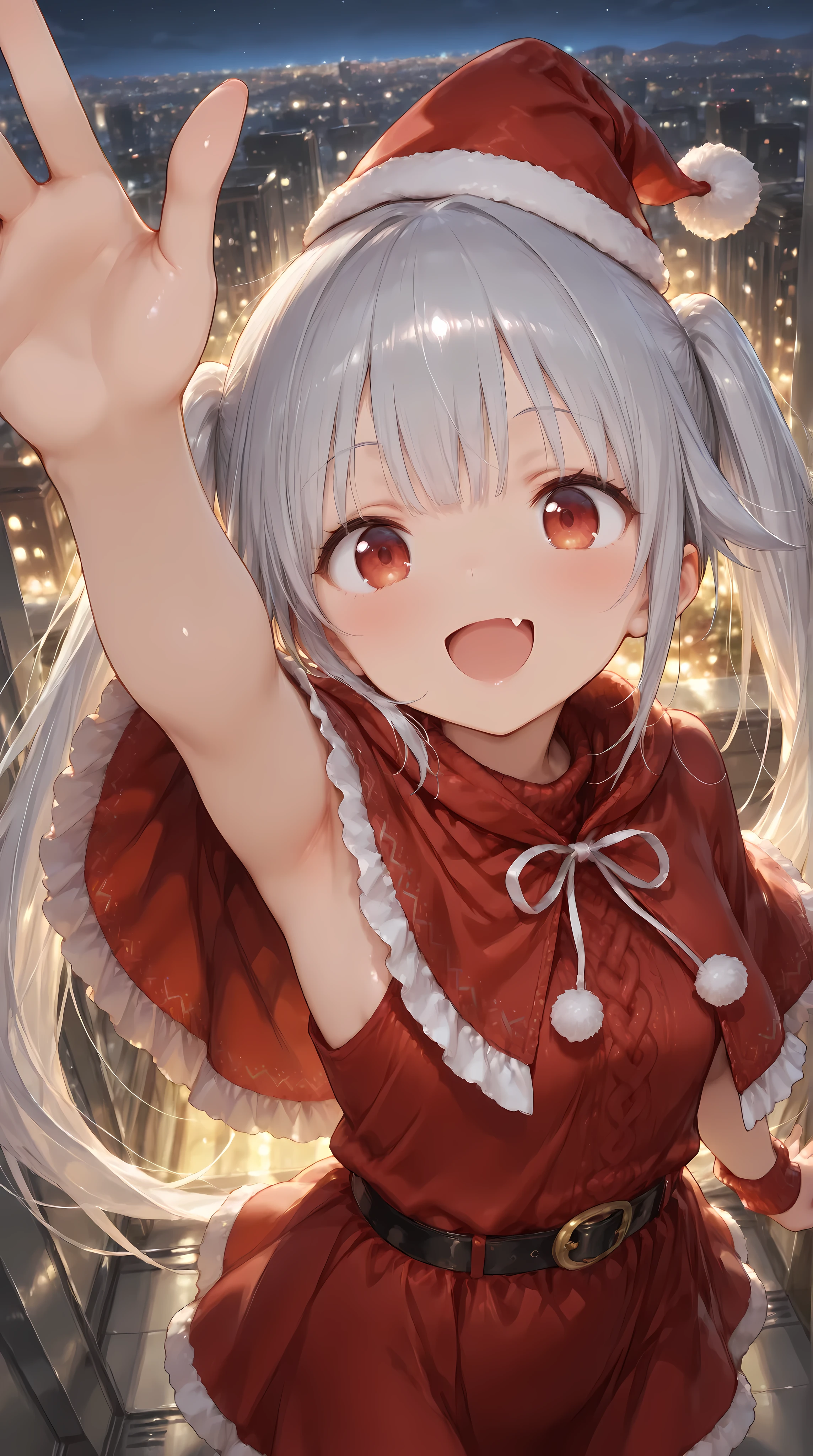 foreshortening,Shiny skin, Babe, character, chiya.
masterpiece, best quality, ultra detailed, high resolution, 8k, caustics,
super detailed skin perfect anatomy, dynamic lighting,
elaborate eye depiction, beautiful detailed eyes,
a cute anime girl.
# body.
142cm tall, skinny, slim waist, small breasts.
armpit visible.
# hair.
silver hair, very long twin tails, (silver to black tips hair:1.3),
mini Santa hat accessory placed on head.
# eyes.
red eyes, extra large eyes, looking at viewer.
# expression.
cheerful expression, joyful smile, open mouth smile, single visible fang.
# outfit.
(dominant red christmas poncho:1.4), (fully enclosed capelet wrapping around upper body:1.5), (sleeveless red knit Santa dress:1.3),
thick fluffy white fur trimming all edges, soft fluffy winter texture,
cape spreads outward dynamically,
black waist belt with gold buckle cinched over the poncho,
subtle gold and green accent ornaments on cape,
red long boots with white fur trim,
# pose.
jumping in the air,
(one hand raised high:1.3), dynamic pose.
# background.
night snowy landscape,
distant warm city lights visible,
gentle falling snow.
# composition.
from above,
upper knee view, cinematic angle.
fine line art, delicate line drawing, thin outlines, clean outlines, minimal noise.