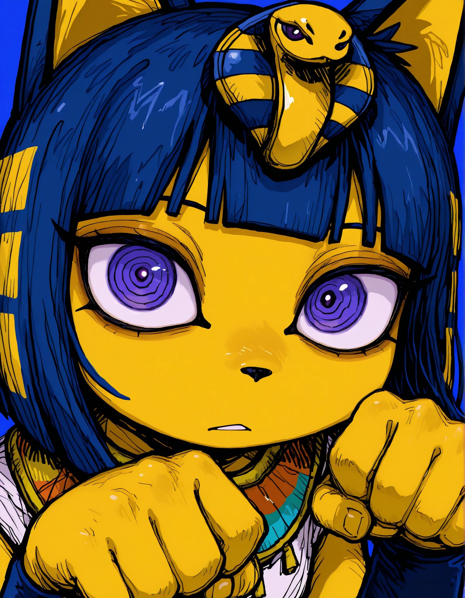 deppa, jaggy lines, hatching (texture), ringed eyes, cartoon,, depth of field, 1girl, furry, ankha \(animal crossing\), expressionless, eye reflection, yellow background, yellow theme, blue background, desert,, purple eyes, glowing eyes, wide-eyed, paw pose, looking at viewer, close-up, parted lips,