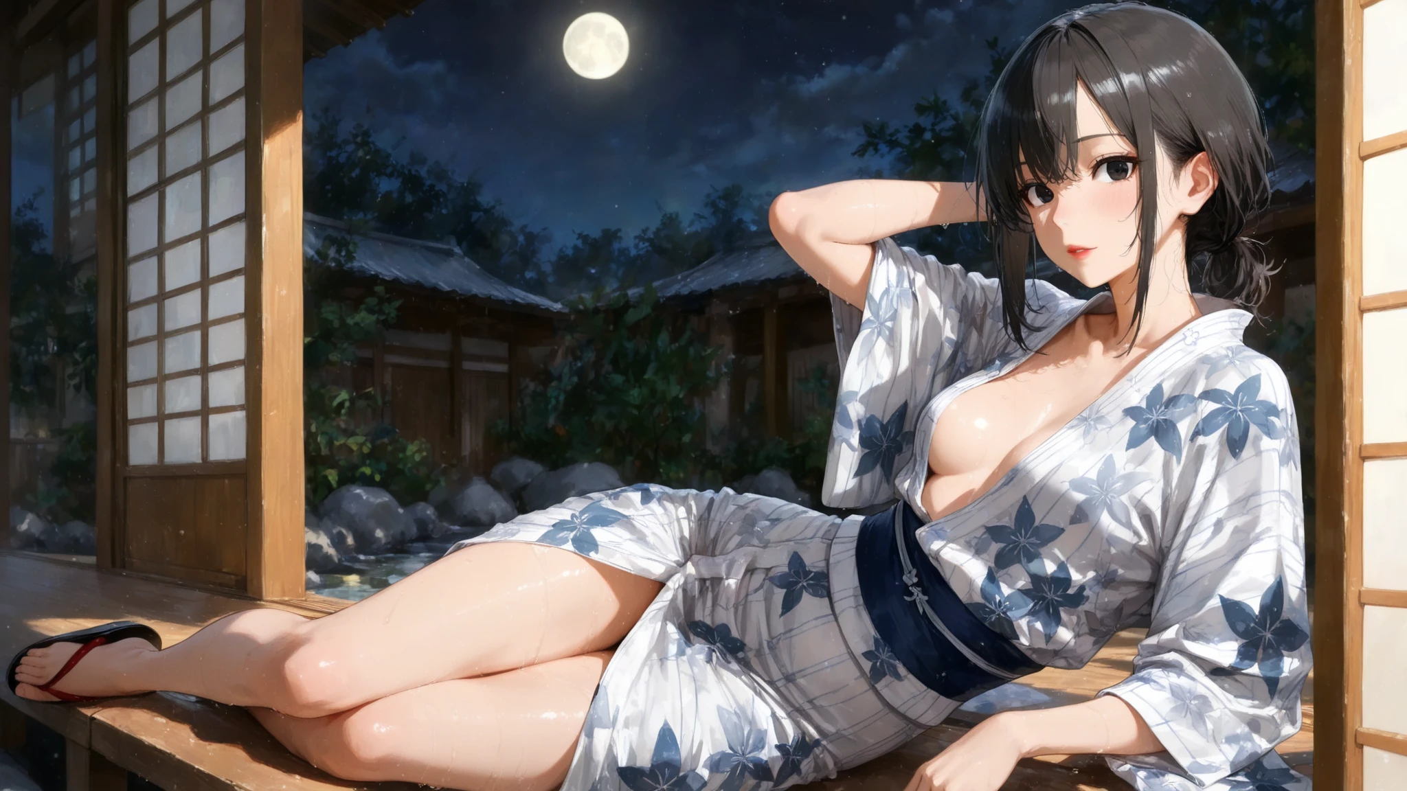 realistic, 1girl, full body, glowing eyes, (unbuttoned flower yukata), parted lips, blush, night, flowers, moonlight, sitting on the edge of the hot spring, hyper-detailed, high quality, 8k, photorealistic, professional digital painting, dramatic lighting, vibrant colors, intricate details, beautiful face, naughty pose, serene atmosphere, natural environment, ethereal, dreamy