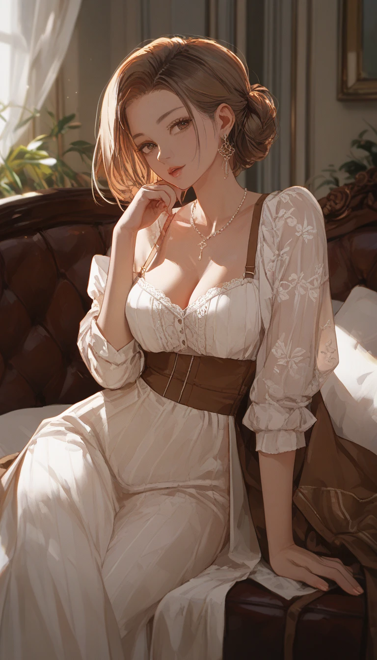 24 year old Caucasian female、Sexy proportions、Sexy、smile、smile、happiness、Flower-filled palace gardens、Tables and chairs on the lawn、A complete English tea set is placed on the table.、Sit in a chair and enjoy afternoon tea time、Wear an off-the-shoulder dress、Wear stiletto heels、The brim is wide and decorated with flowers.(Used by nobles)Wear your hat at an angle