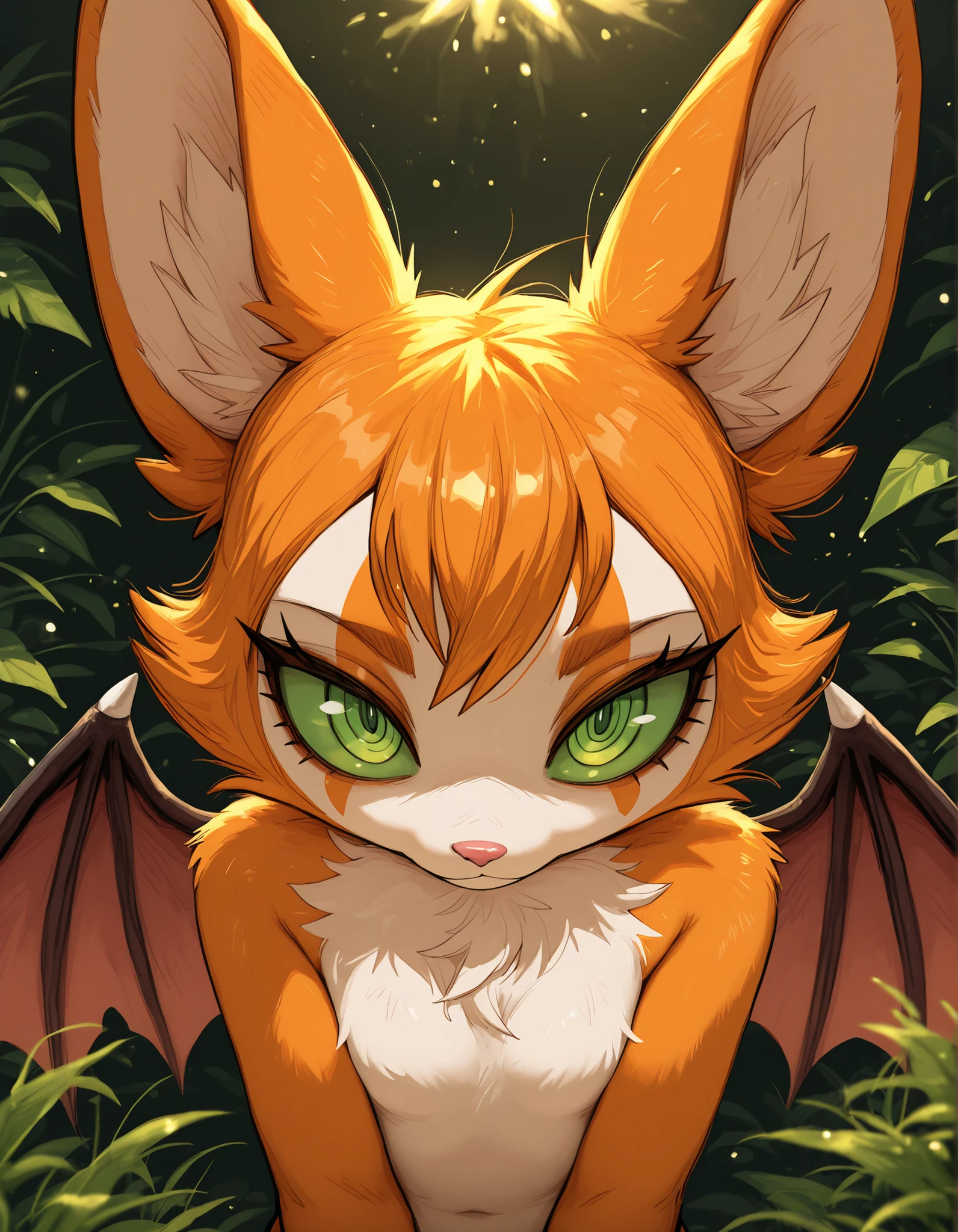 deppa, jaggy lines, hatching (texture), ringed eyes, cartoon,, masterpiece, best quality, very aesthetic, (1girl:0.7),, (solo:1.3), furry, fidget \(elysian tail\), nimbat, fidget_daet, anthro, furry female, wings, tail, green eyes, colored sclera, bat wings, facial markings, orange fur, white fur, two-tone fur,membranous wings, fluffy, portrait, big eyes, young, BREAK, masterpiece, best quality, high quality, particles effect, [:by Desubox:0.15], [:by Anchee, by Snowskau:0.55], detailed background, detailed foreground, subtle shadows, depth of field, backlighting, plant, nude