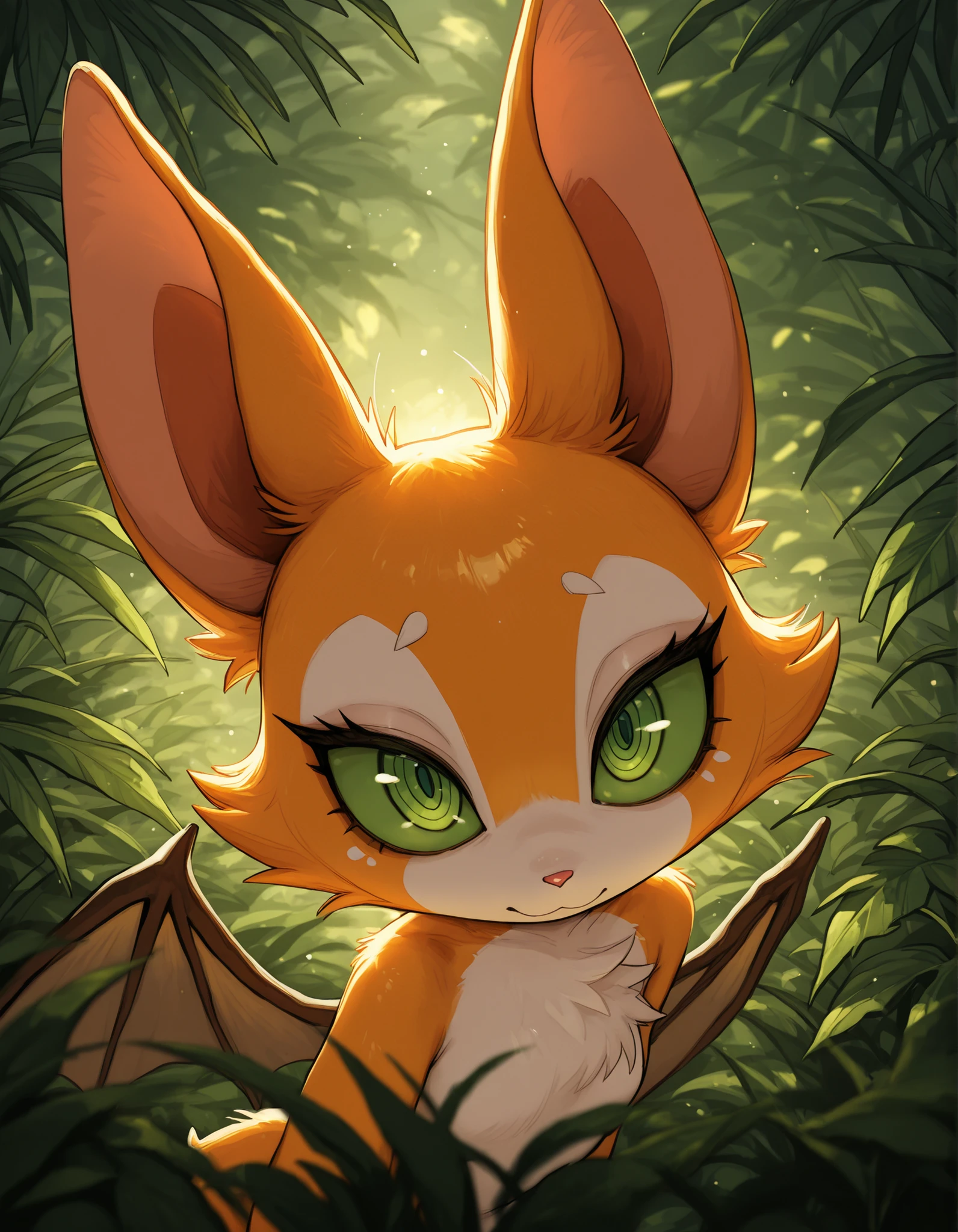 deppa, jaggy lines, hatching (texture), ringed eyes, cartoon,, masterpiece, best quality, very aesthetic, (1girl:0.7),, (solo:1.3), furry, fidget \(elysian tail\), nimbat, fidget_daet, anthro, furry female, wings, tail, green eyes, colored sclera, bat wings, facial markings, orange fur, white fur, two-tone fur,membranous wings, fluffy, portrait, big eyes, young, BREAK, masterpiece, best quality, high quality, particles effect, [:by Desubox:0.15], [:by Anchee, by Snowskau:0.55], detailed background, detailed foreground, subtle shadows, depth of field, backlighting, plant, nude