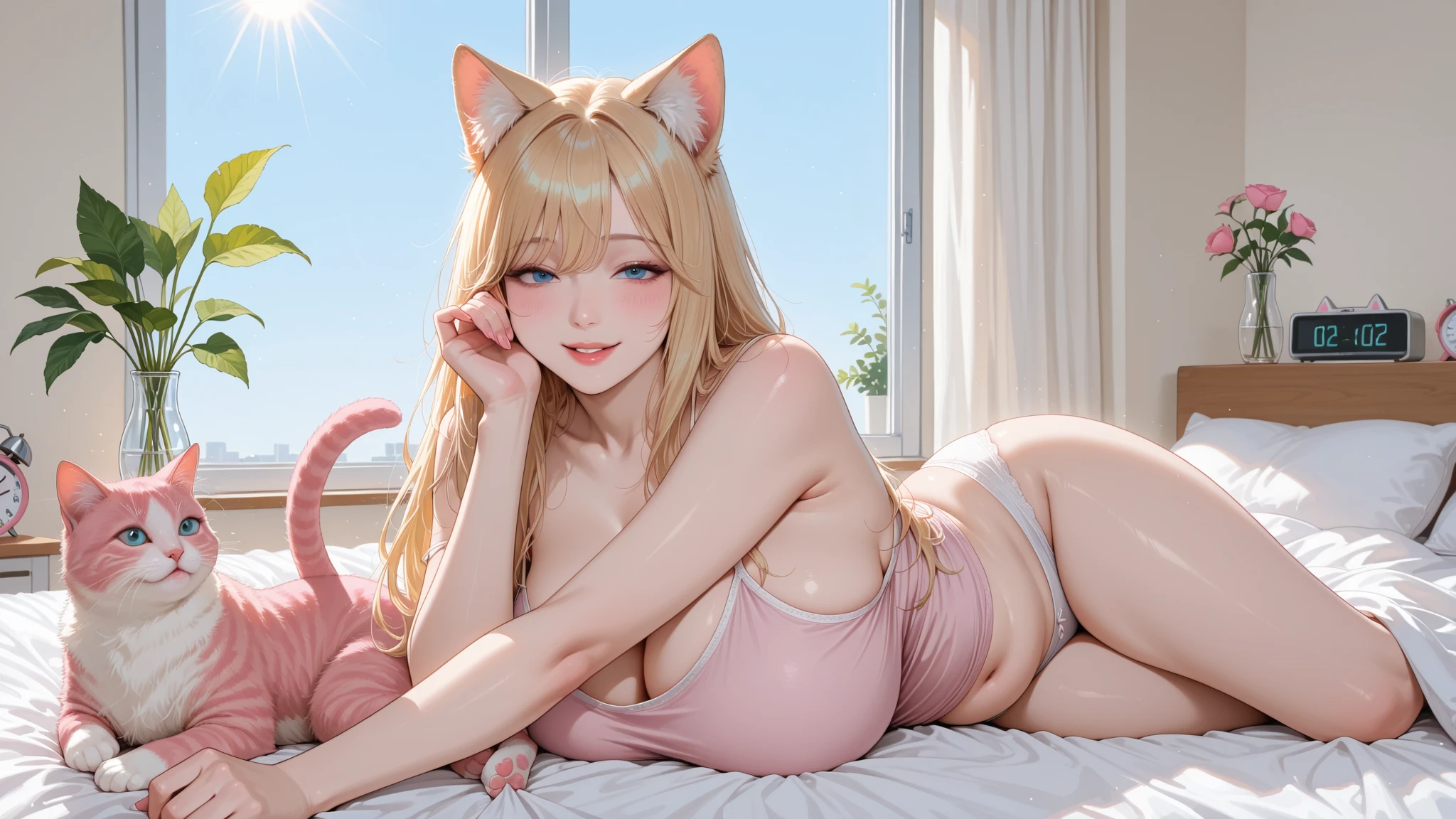 anime - imagem estilo de uma mulher com uma roupa preta e amaerla com um gato, very beautiful anime Garota gato, ????????? Menina anime, linda garota-gato de anime, attractive Garota gato, anime catgirl, muito linda gatinha fofa, cute anime catgirl, anime cat, Menina anime with cat ears, beautiful Menina anime, Garota gato, photorealistic  anime render,  anime blonde catgirl, blonde, yellow hair, yellow and black clothes