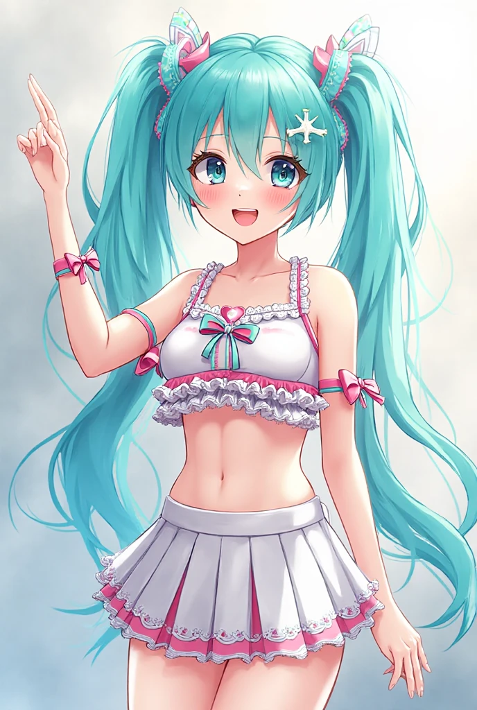 (masterpiece、highest quality、highest quality、Official Art、Beautiful and beautiful:1.2)、(One girl:1.3)Hatsune Miku、Twin tails,Big Breasts,masterpiece, highest quality, Ultra-high resolution, Highest Resolution, Very detailed, Professional Lighting、Beautiful Skin、[[Delicate fingers and hands:0.55]::0.85]、(Detailed reference)、Disheveled Hair、Shiny Hair、Glowing Skin、Curvaceous yet slender、Energy bullets、Kamehameha、The World of Akira Toriyama、