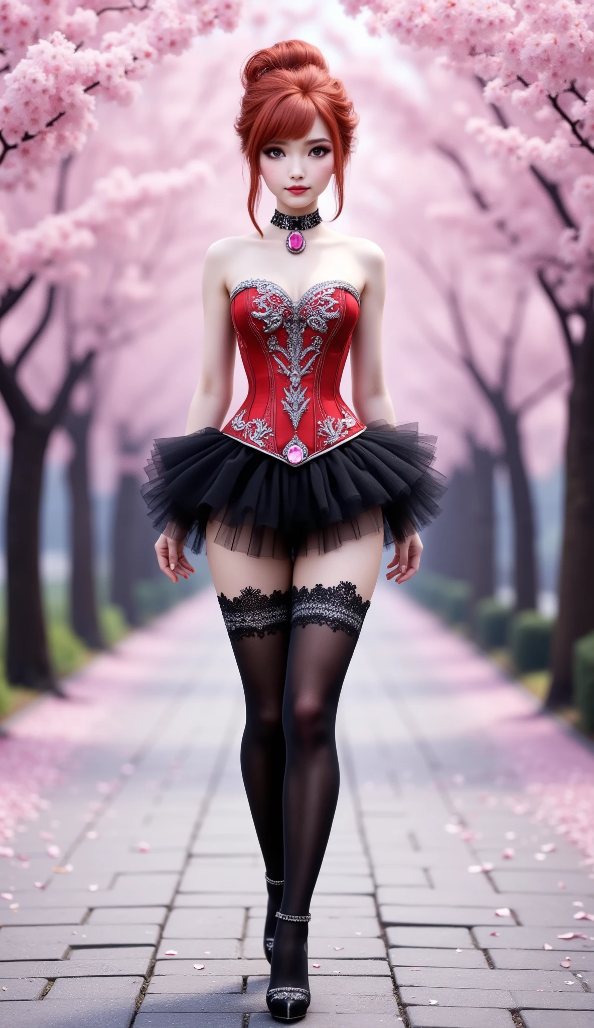 A young woman with striking red hair, styled in an elegant bun with a few strands framing her face, stands confidently on a paved path lined with pink cherry blossoms. She wears a bright red strapless corset top with intricate silver and gold embellishments and a miniskirt, layered with black tulle. She accessorizes with a striking black choker necklace studded with a large pink gemstone. Her legs are clad in thick black stockings with a delicate sparkling pattern and an ornate black lace garter, finished with black high heels with chain detailing. The background is the soft, delicate shade of a pink cherry blossom tree, creating a romantic and dreamy atmosphere.