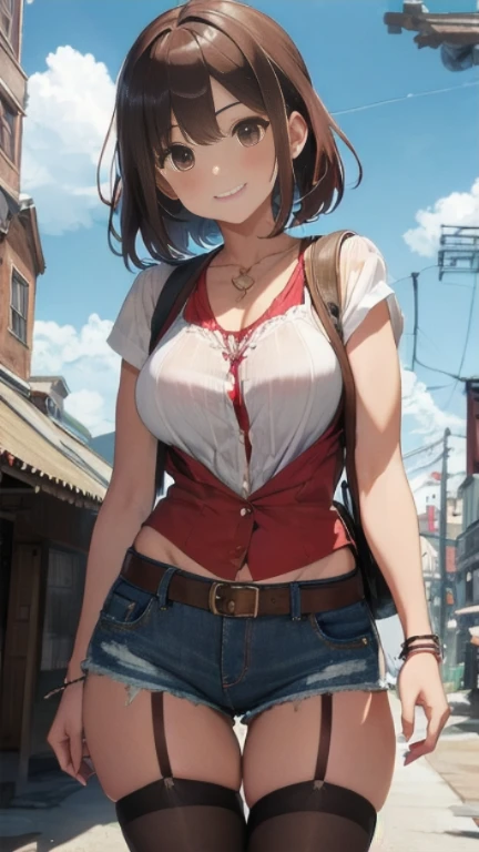 masterpiece、The best、1 female、denim vest、Denim shorts、Red shirt， Bun bun、black hair、Shoulder leakage、big breasts、chubby、Smile、White suspenders、lace leggingackpack，On campus，pose，Street culture，reaching out