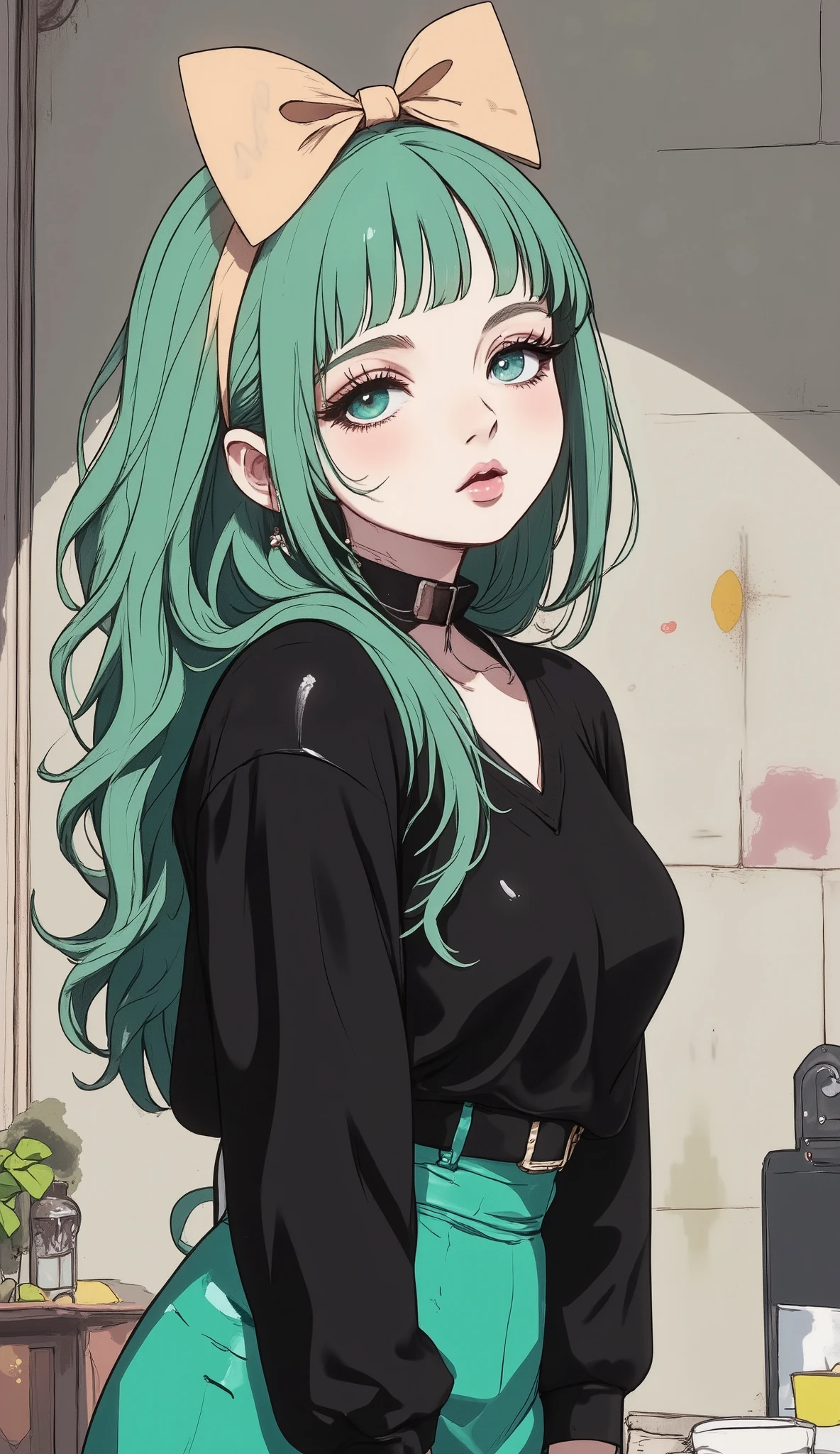 CG K Ultra-realistic ,((Premium、8K、32k、masterpiece)), (superfine illustration)、(super high resolution), (((adult body))), (masterpiece, mejor calidad:1.2), A pretty girl ,Processing of the details of the skin....,The eyes are finely described....,delicate hair,Cabello ondulado largo color green:1.5, long light hair ,She has a big bow on her head.....,black sweater, ,Falda,green,clean background