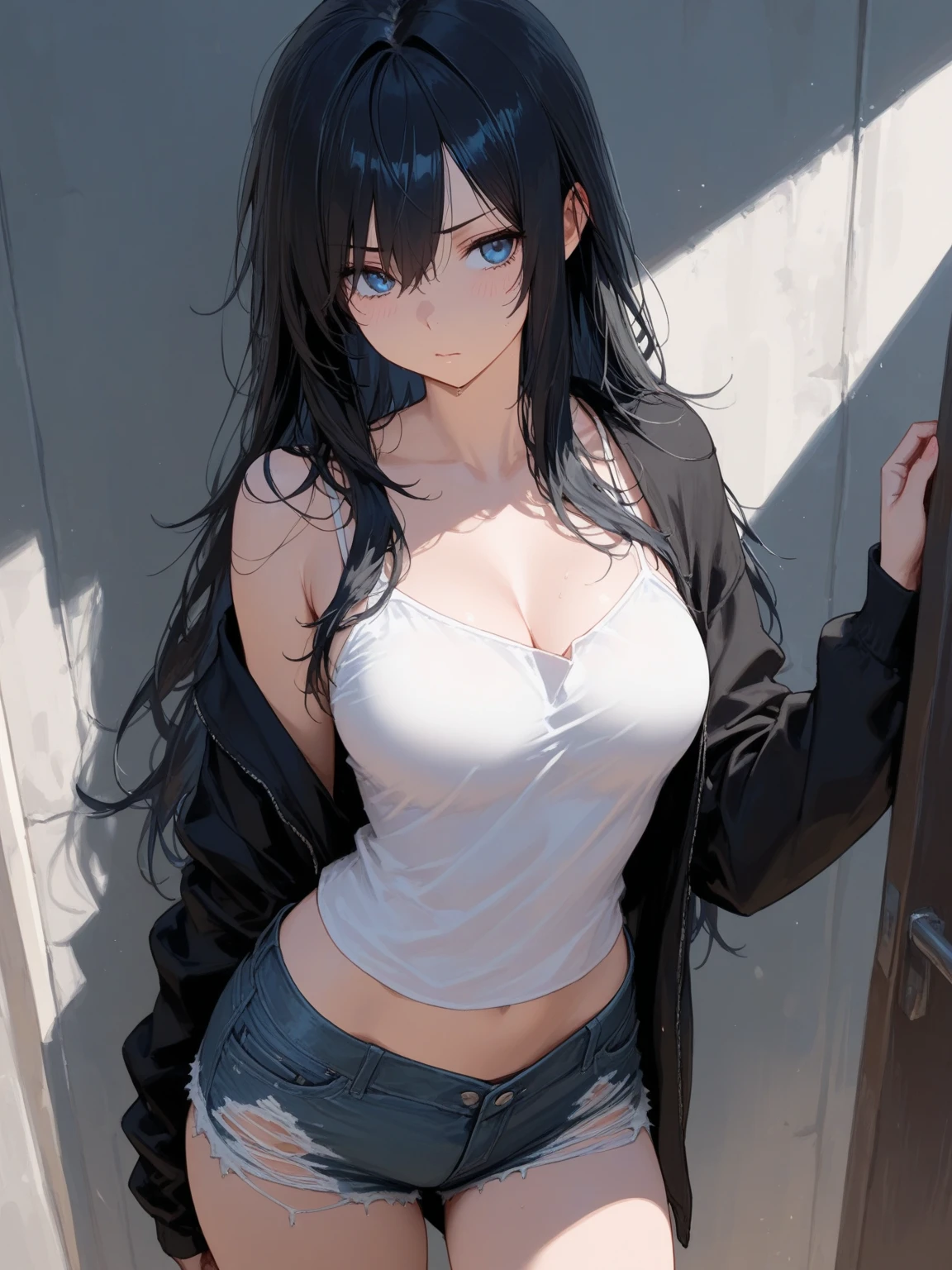 ((masterpiece,best quality anime:1.3,Best Quality)),realistic,cowboy shot,portrait,1woman,young adult,(dark blue hair),straight long hair,bangs,((very small head)),gray eyes,((gorgeous big eyes)),shy,long body,medium breasts,(White tank top、Denim shorts、black_thighhighs、Black fingerless gloves)、(slender body),heavy sweat,standing,on street,ruins、Ruined City、
