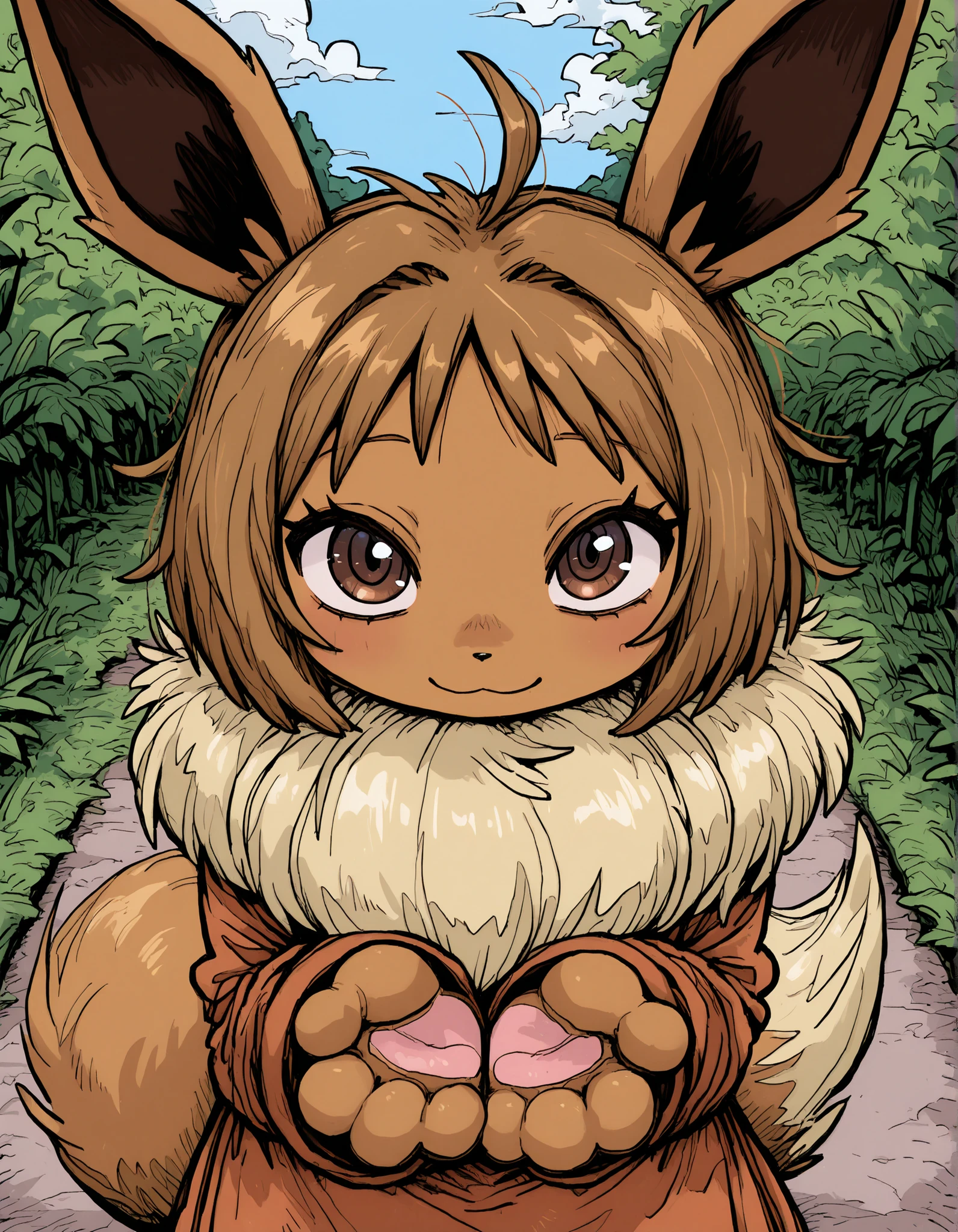 deppa, jaggy lines, hatching (texture), ringed eyes, cartoon,, pokekid, eevee, fluffy girl, furry girl, female, smile, smiling, has a big pretty bow in her hair, has animal paws for hands, 1girl, best quality, outdoors, high definition, cute,