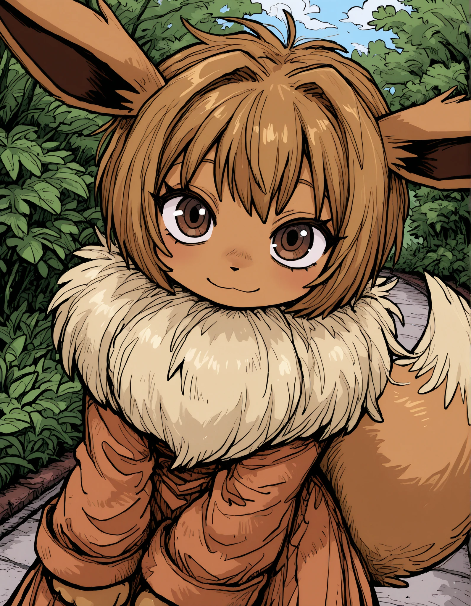 deppa, jaggy lines, hatching (texture), ringed eyes, cartoon,, pokekid, eevee, fluffy girl, furry girl, female, smile, smiling, has a big pretty bow in her hair, has animal paws for hands, 1girl, best quality, outdoors, high definition, cute,