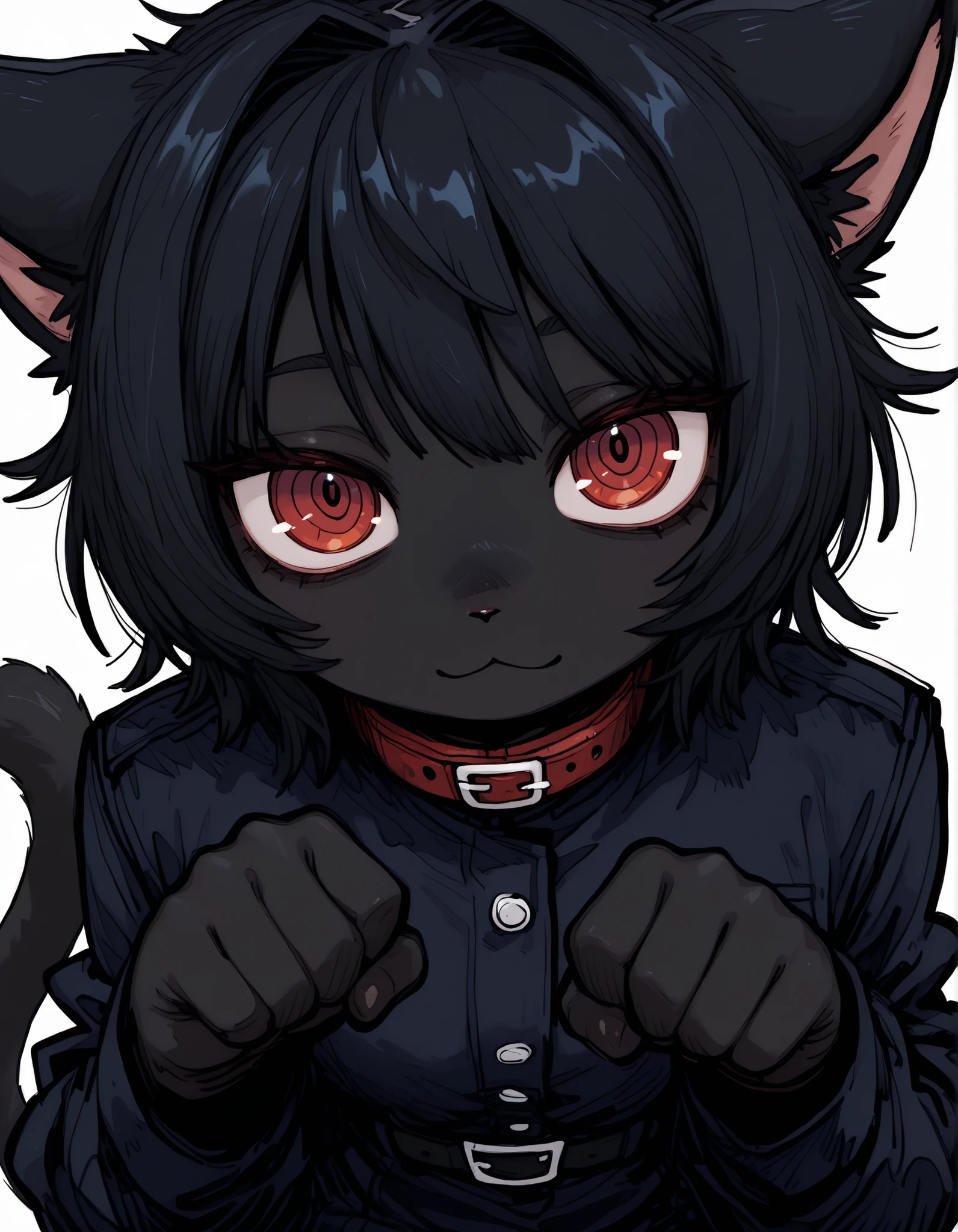 deppa, jaggy lines, hatching (texture), ringed eyes, cartoon,, masterpiece, best quality, very aesthetic, 1girl, solo, white background, looking at viewer, portrait, paw pose, :3, furry female, cat girl, animal ears, black hair, short hair, black skin, red eyes, cat tail, black jacket, buttons, long sleeves, black belt, collar, masterpiece, best quality,