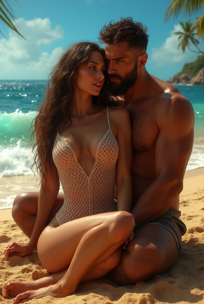 A beautiful complete MAN, black hair, Big  penetrates a  woman with giant  through her , woman with honey colored eyes, long brown hair, four opening her  on the beach. intercourse, Penetration. intercourse,  in , white . Normal man full body, head, torso, 2 brasos, 2 legs, below, woman on top.