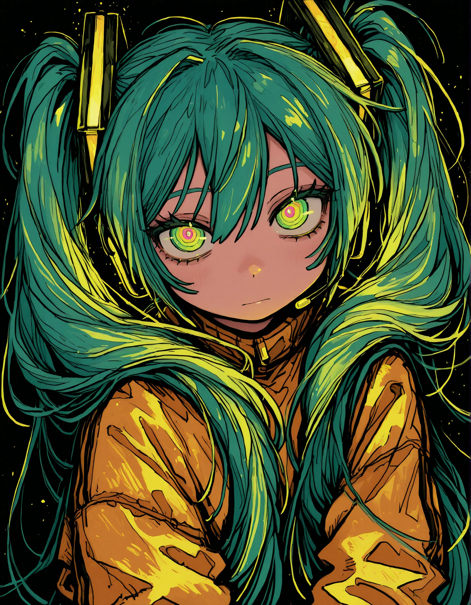 deppa, jaggy lines, hatching (texture), ringed eyes, cartoon,, Hatsune Miku, limited palette, black background, colorful, vibrant, glowing outline, neon, blacklight, looking at viewer, masterpiece, very aesthetic