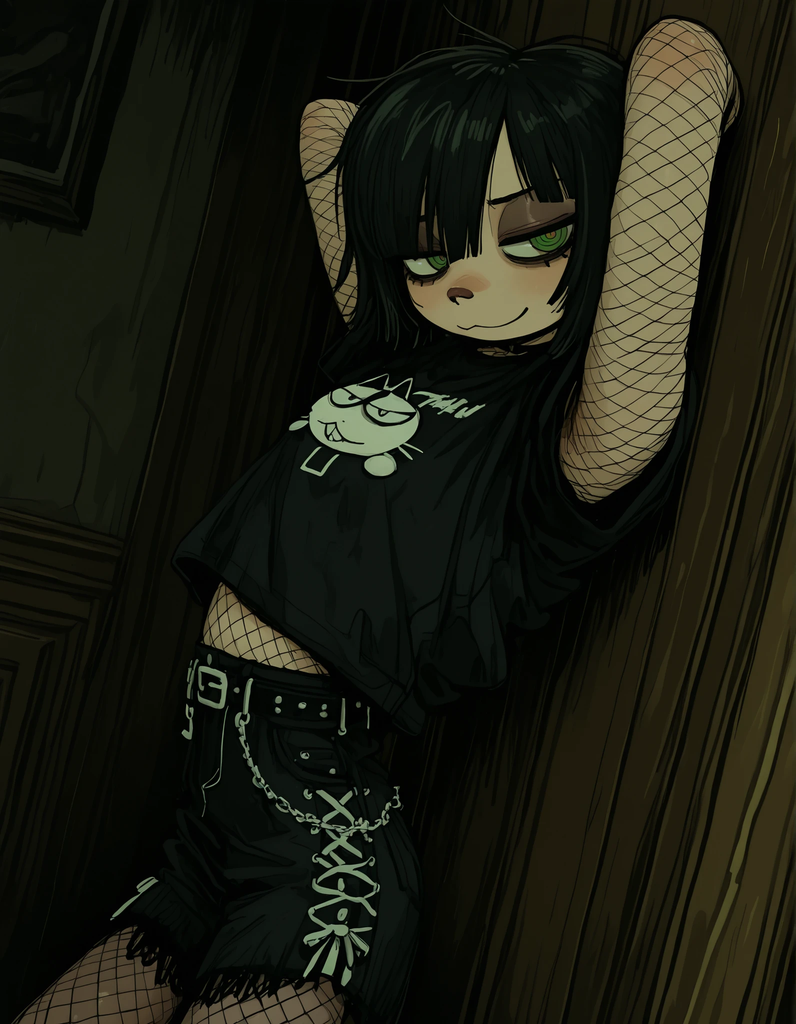 deppa, jaggy lines, hatching (texture), ringed eyes, cartoon,, volumetric_lighting, chiaroscuro_lighting, vibrant, shaders, against_the_wall, arched_back, 1girl, interior, solo, detailed, furry, cat, skinny, smug, ((cute_clothes, emo, fishnets)), white_fur, cute, claws, stare, soft_light, stylized, SuchHorriGir,