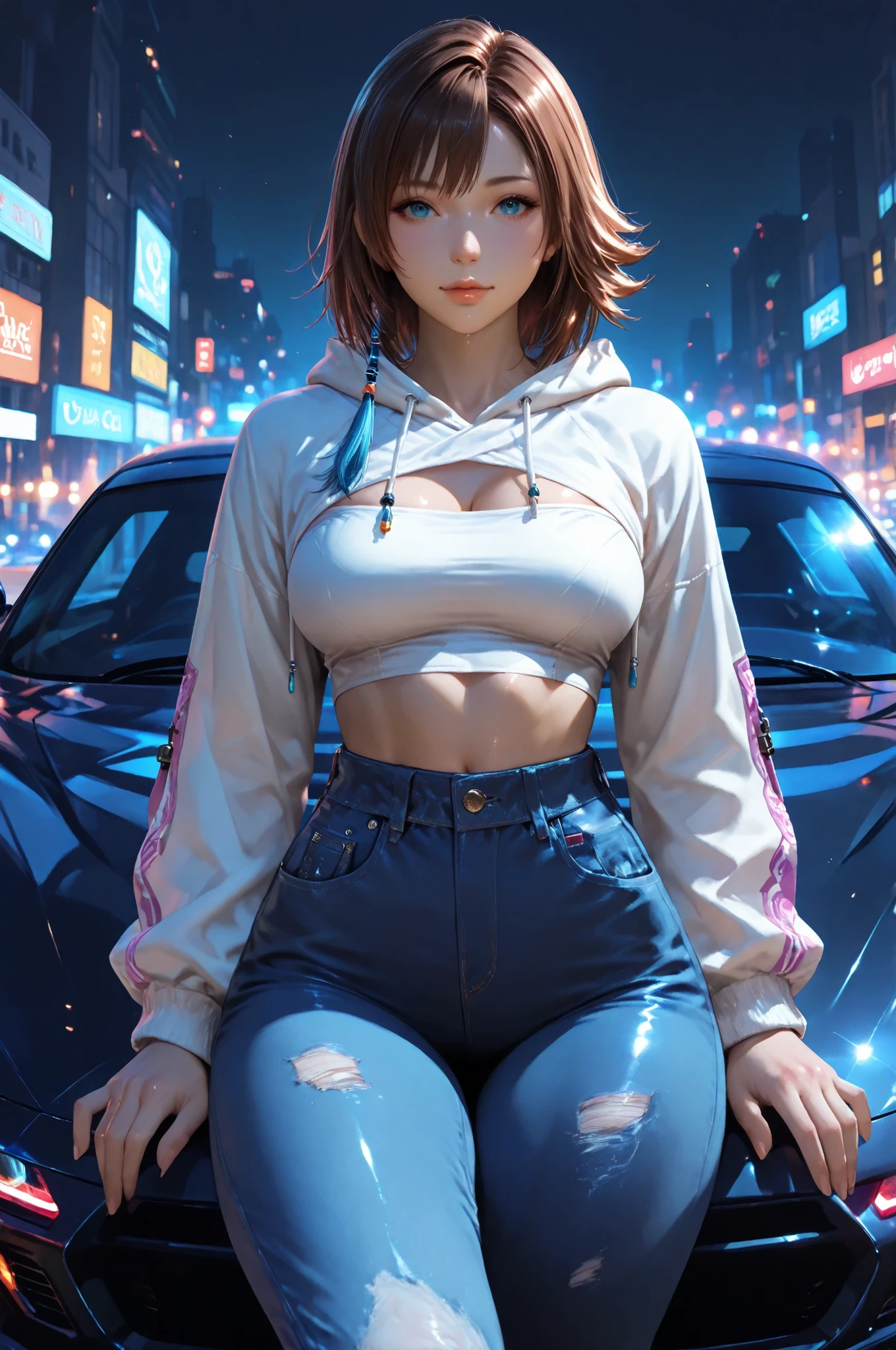 GTA V cover art style,
Yuna(final fantasy),micro cutoff hoodie,tube top,low rise jeans,seductively sitting on hood of luxury sports car,large , small waist, wide , thick thighs,looking at the viewer. Bold outlines, vibrant colors, high contrast, urban background, cinematic lighting."(masterpiece), (Better quality), amazing quality, shiny skin, Realistic