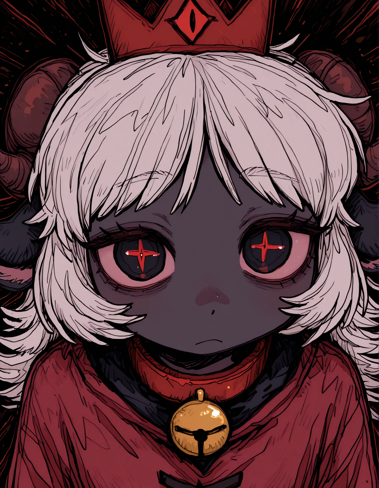 deppa, jaggy lines, hatching (texture), ringed eyes, cartoon,, masterpiece, best quality, very aesthetic, 1girl, solo, cult of the lamb, sheep girl, collar, horizontal pupils, red/black eyes, red crown