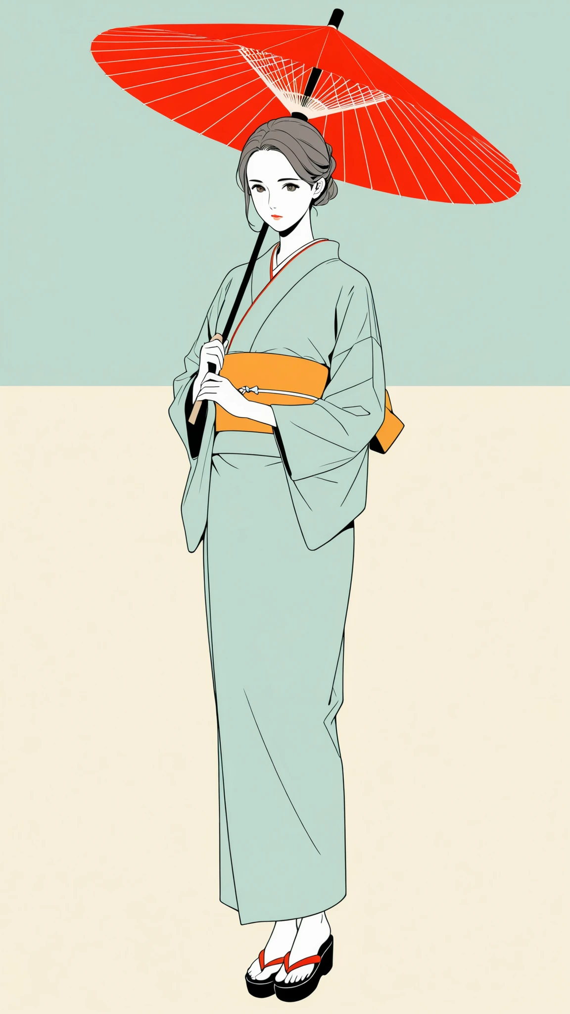 Flat design, Vector art, solid color, no shading, minimal illustration, clean lineart:1.3, high-resolution, minimal color palette, (Muted colors:1.2), solid color background, full body shot,
Japanese woman wearing Kimono holding a red umbrella,