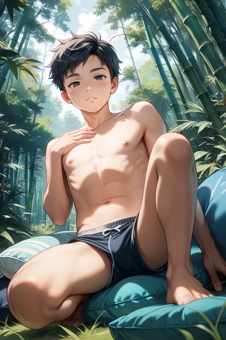 masterpiece, best quality, 1boy, hop \(pokemon\), purple hair,  short hair, yellow eyes, dark skin,  , sandals, looking at viewer, smile,  sitting, solo, sea, sand, tropical island background ,  ,  , , , 