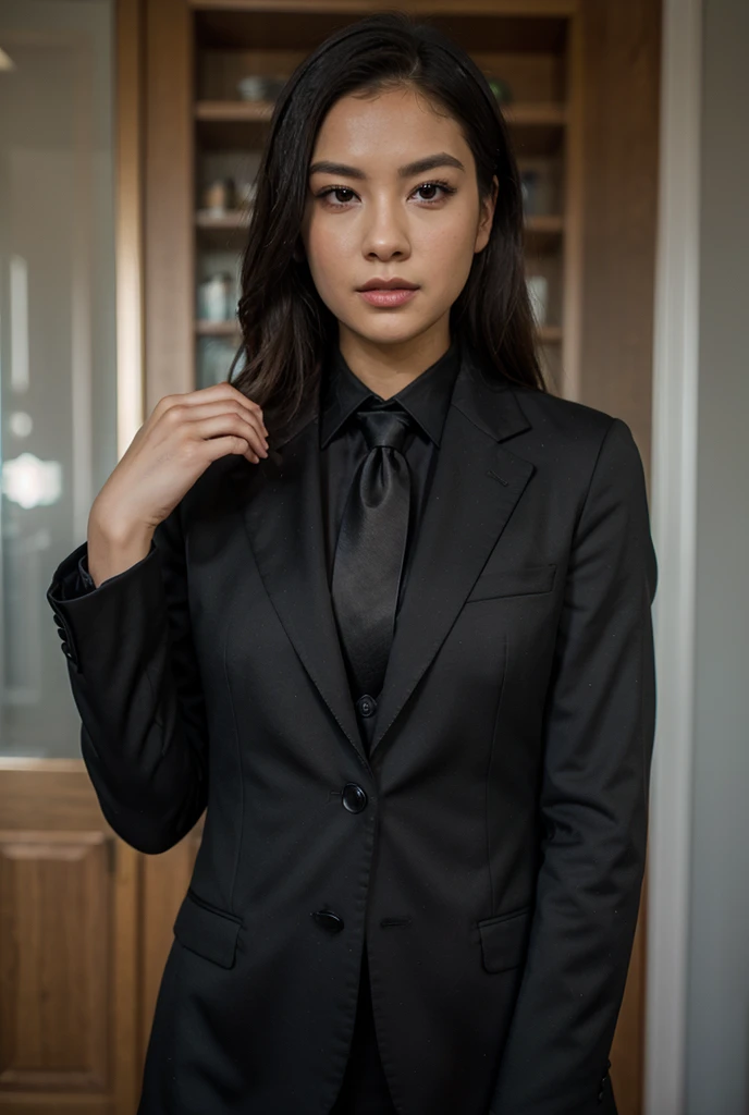 1 woman, ada wong, fully clothed, skirt suit, suit and tie, (((three-piece suit))), silk dress shirt, shirt and tie, necktie, ((blazer)), ((suit jacket)) ((waistcoat)), ((bodycon )), pantyhose, tights, stockings, ((pinstripe suit)), high heels, tie clip, pocket square, tailored suit, (((cufflinks))),