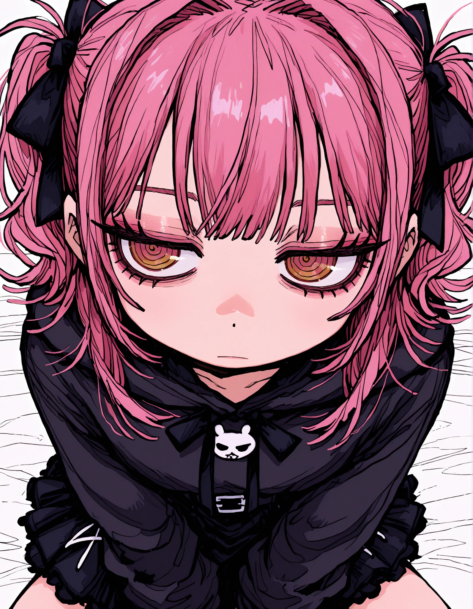 deppa, jaggy lines, hatching (texture), ringed eyes, cartoon,, eyelashes, 1girl, solo, jitome, narrowed eyes, expressionless, messy hair, jirai kei, short dress, skirt, black hoodie, makeup, pink hair bow