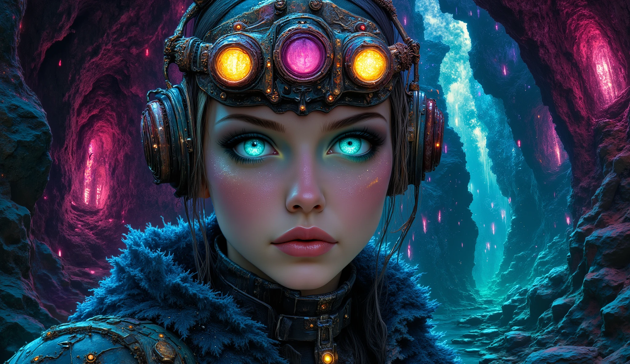 Neo-expressionism, painterly look, detailed, intricate, subdued and neon colors, fantasy, imaginative and expressive styles, dreamy mood, ethereal, texturized, layered, girl, head lamp, cave, darkness, ilumate, steampunk, cyberpunk, by Karin Kuhlmann
