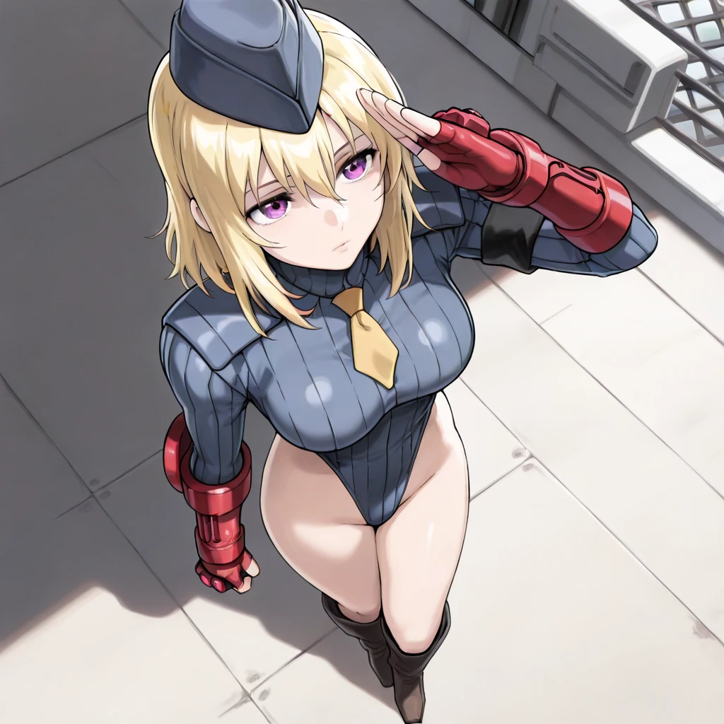 ultra-detailed, ????????, Beautiful body, Beautiful Nose, Beautiful character design, perfect eyes, perfect face, ultra highres, 4K, beautiful legs, perfect legs, Nice hands, Perfect hand, Masterpiece, Best Quality, Highly detailed, illustration, absurdres, perfect ???????, street fighter, doll suit, shadaloo doll, dollsuit, expressionless, blank eyes, looking at viewer, red gloves, emotionless, black latex, corrution, mind control, female combatant, full body, hypnotized, unhappy trance, full body suit, ribbed ????????, both arms at side, obey, perfect female body, extremely glossy latex, hypnosis, hypnoLora, empty eyes, Mind control device, poses, submissive_pose, Slave, stand up straight, standing, standing at attention, hat, necktie, belt, latex, ribbed ????????, thighhighs, garter belt, Fighting Stance, extending the right arm from the shoulder into the air with a straightened hand, saluting, salute, military saluting, ???? saluting, military, thigh boots, 1girl, hair ornaments, blonde hair, medium hair, blue eyes, (((pixel-perfect, detail-perfect))), solo, 1girl, Alice Cartelet, Kiniro Mosaic, twintails 