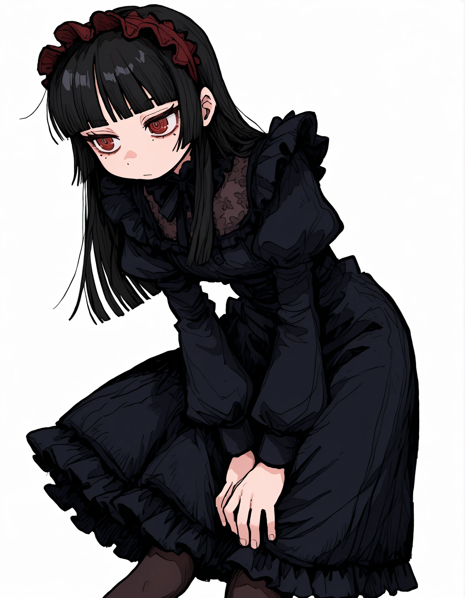 deppa, jaggy lines, hatching (texture), ringed eyes, cartoon,, simple background,white background
1girl,solo,
long hair, black hair, dress, pantyhose, mole, mole under eye, hime cut,
red eyes, dress, pantyhose, black dress, frills, puffy sleeves, long sleeves, hairband,