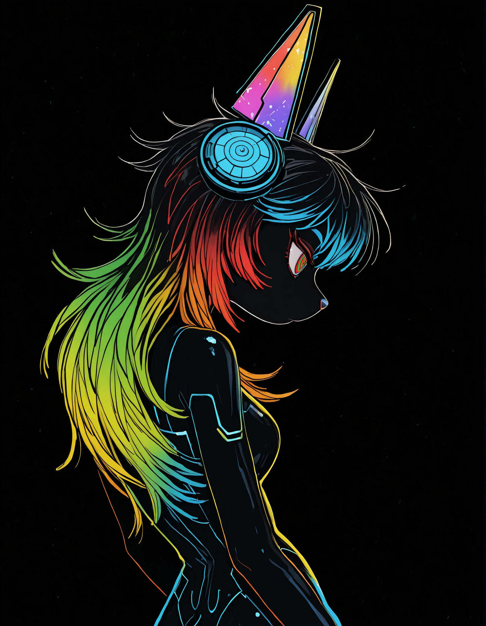 deppa, jaggy lines, hatching (texture), ringed eyes, cartoon,, furry girl, anthro, facing sideways, elegant pose, silhouette body, (glossy black fur), (neon outlines), (flat lighting), exploding fractals, liquid neon paint, splash effect, rainbow iridescent hair, gradient glow, (triadic colors), (spot color:1.2), cyberpunk headgear, artistic, abstract style, black background, recursion, film grain, no lineart, high aesthetic,