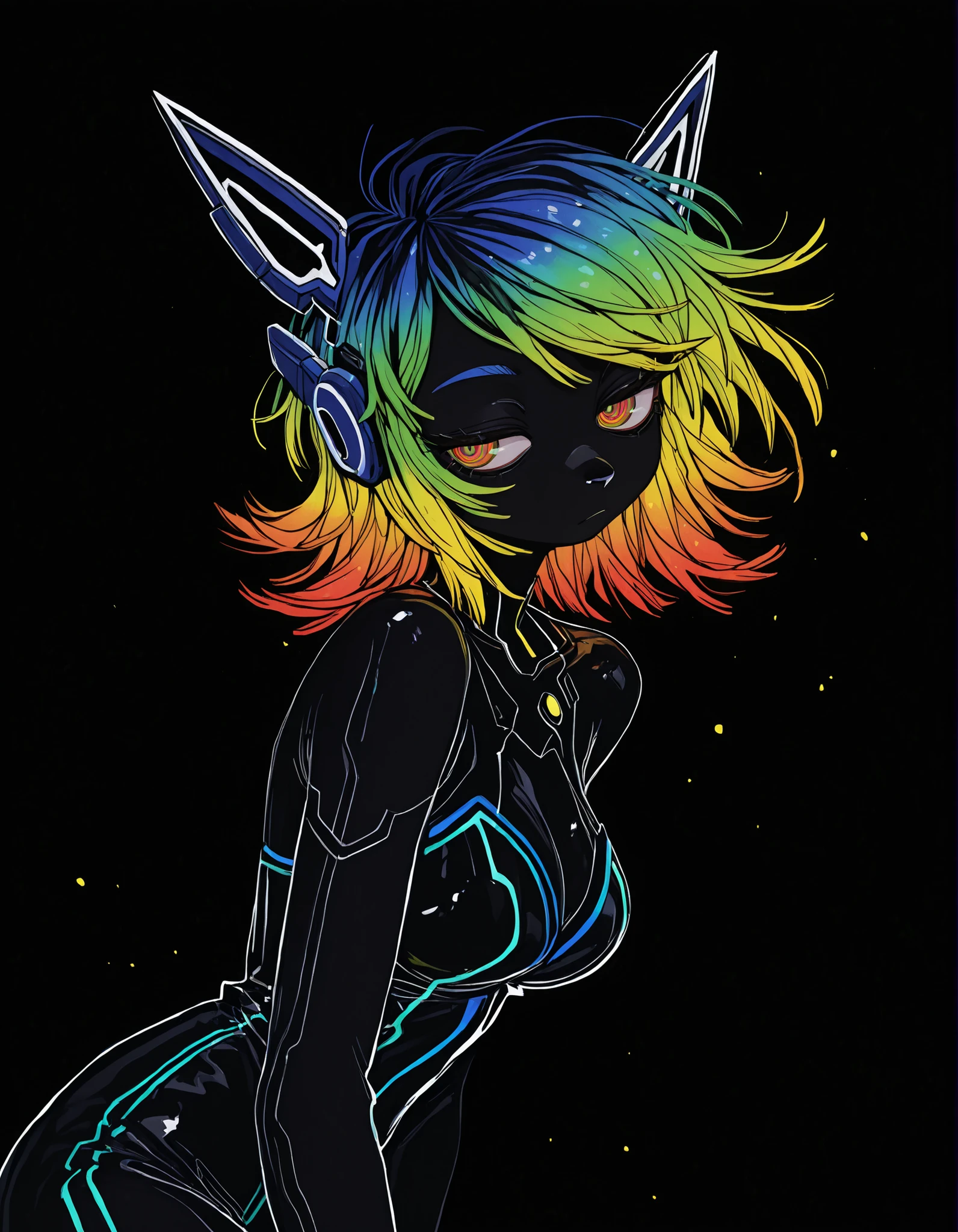 deppa, jaggy lines, hatching (texture), ringed eyes, cartoon,, furry girl, anthro, facing sideways, elegant pose, silhouette body, (glossy black fur), (neon outlines), (flat lighting), exploding fractals, liquid neon paint, splash effect, rainbow iridescent hair, gradient glow, (triadic colors), (spot color:1.2), cyberpunk headgear, artistic, abstract style, black background, recursion, film grain, no lineart, high aesthetic,